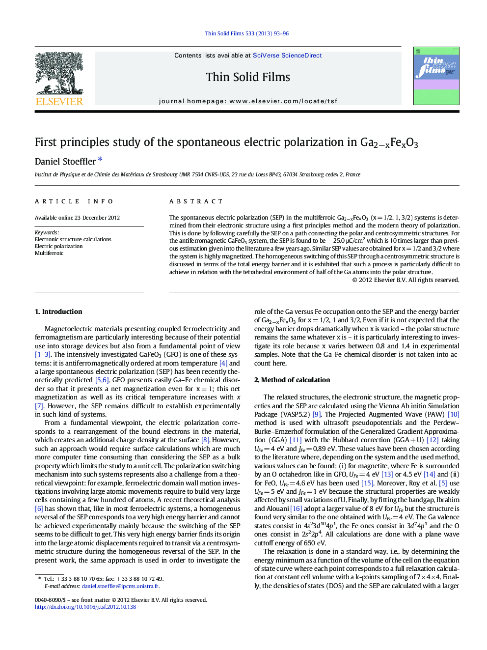 First principles study of the spontaneous electric polarization in Ga2−xFexO3Ga2−xFexO3