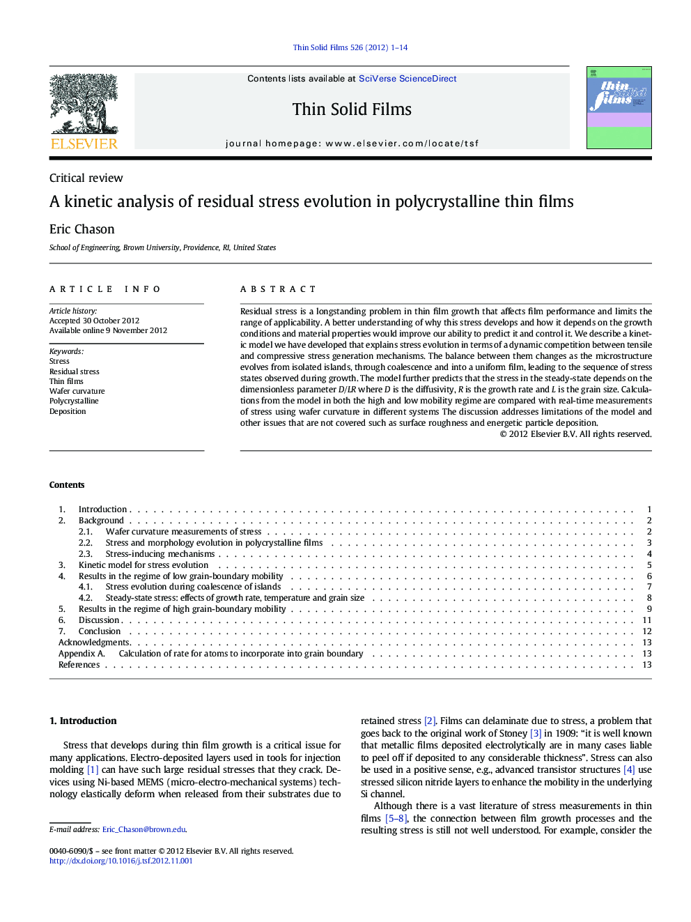 A kinetic analysis of residual stress evolution in polycrystalline thin films