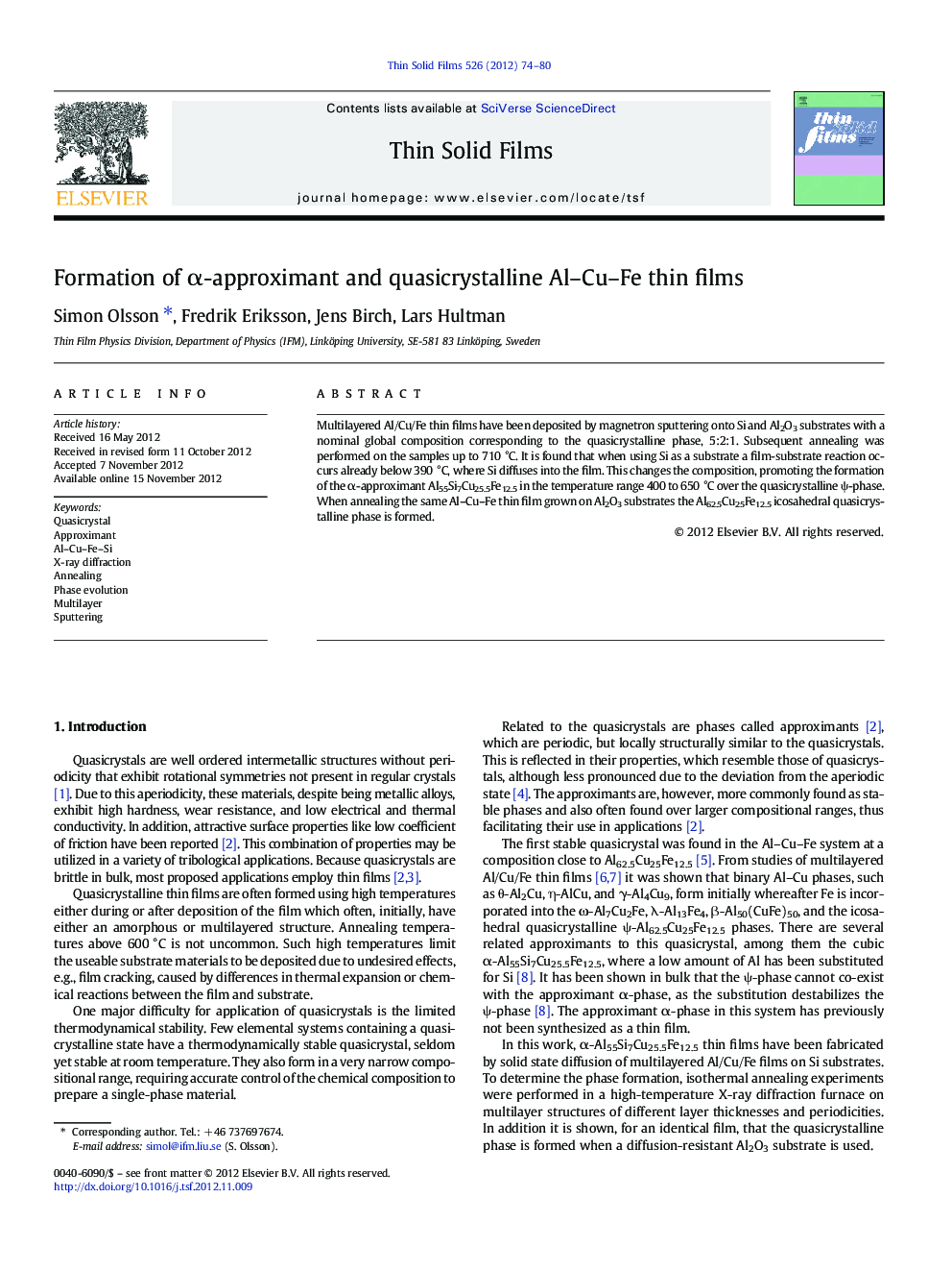 Formation of α-approximant and quasicrystalline Al–Cu–Fe thin films