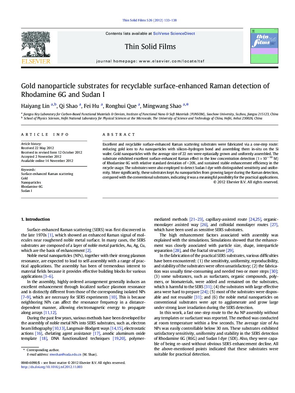 Gold nanoparticle substrates for recyclable surface-enhanced Raman detection of Rhodamine 6G and Sudan I