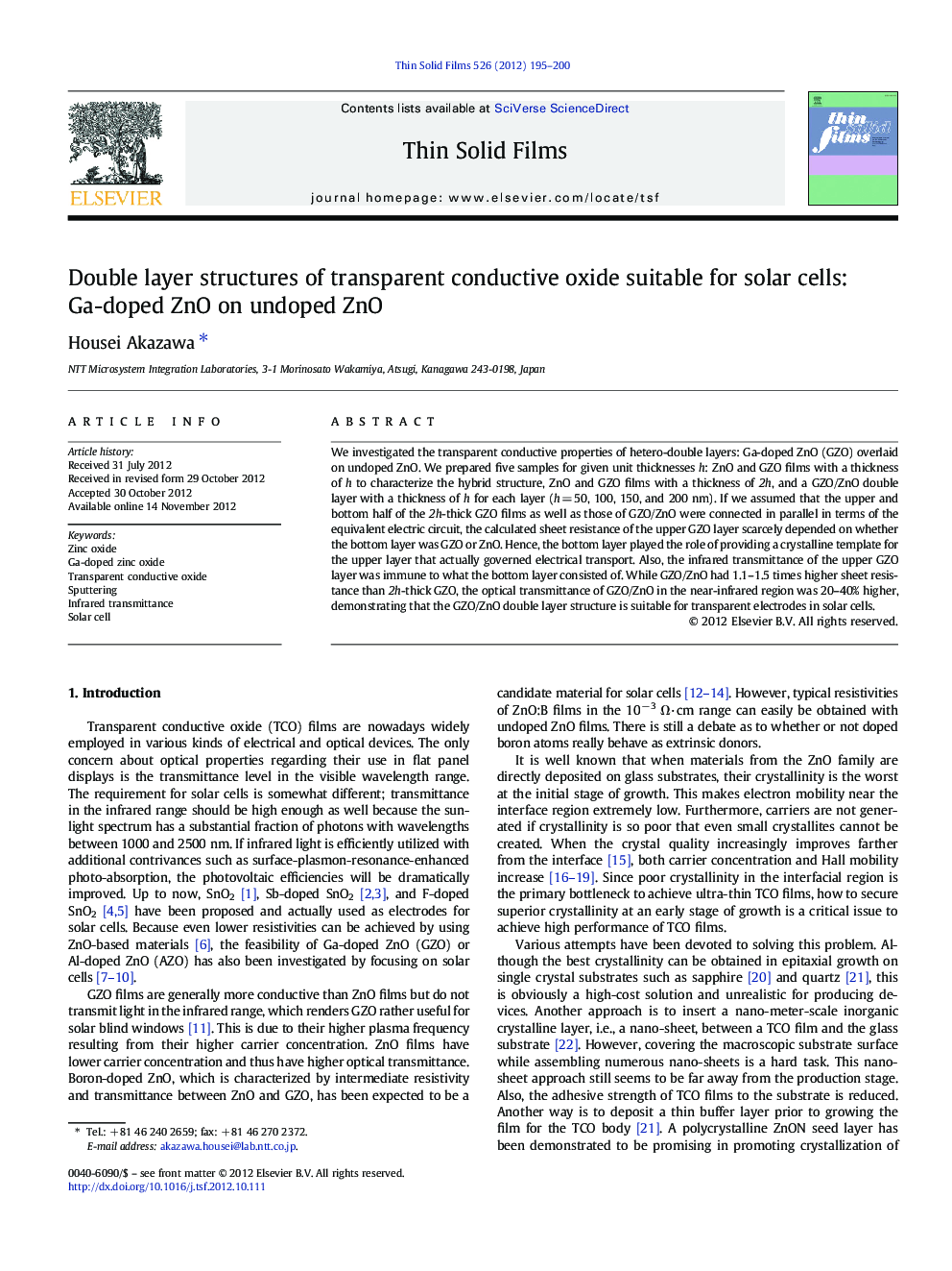 Double layer structures of transparent conductive oxide suitable for solar cells: Ga-doped ZnO on undoped ZnO