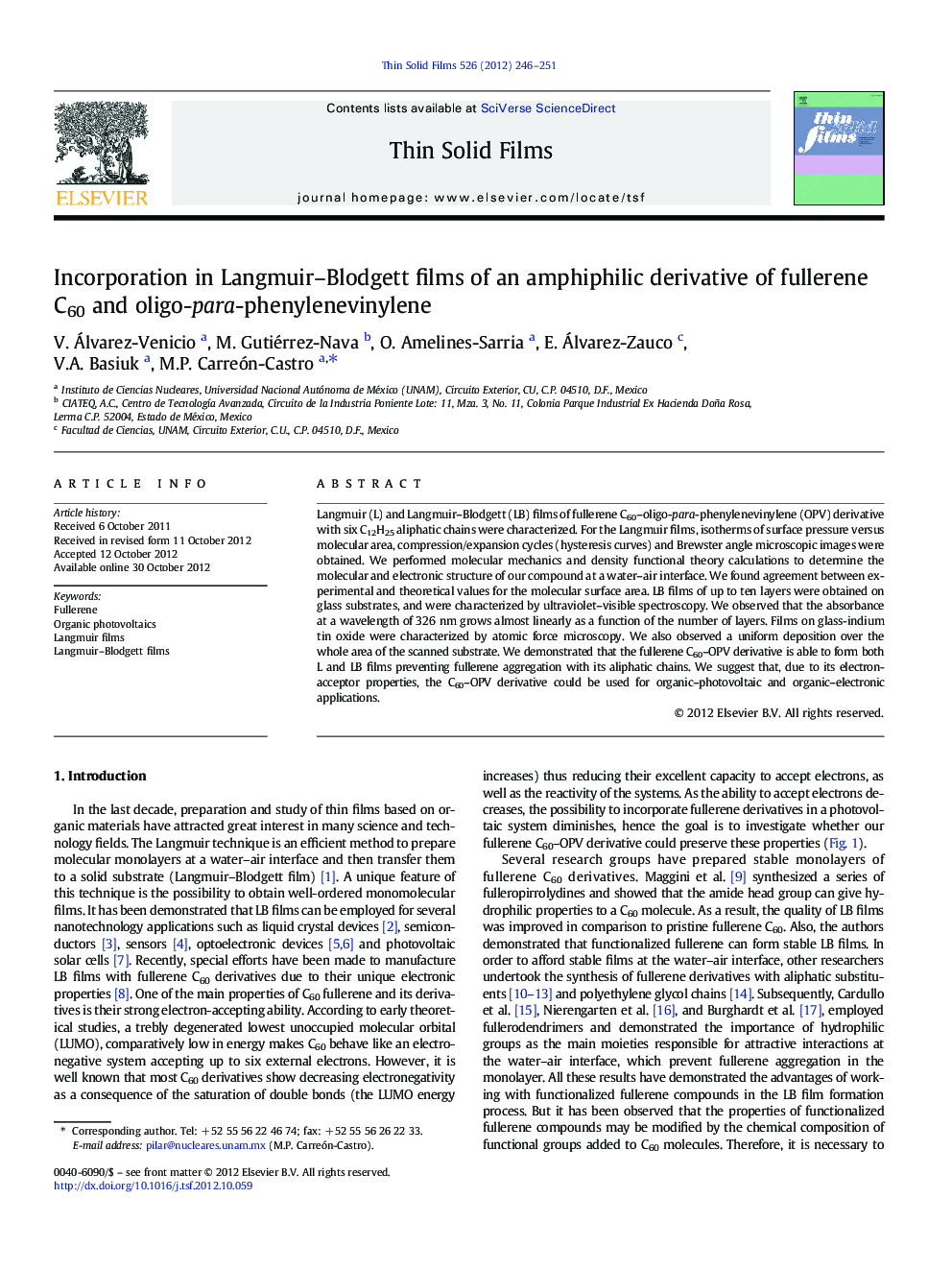 Incorporation in Langmuir–Blodgett films of an amphiphilic derivative of fullerene C60 and oligo-para-phenylenevinylene