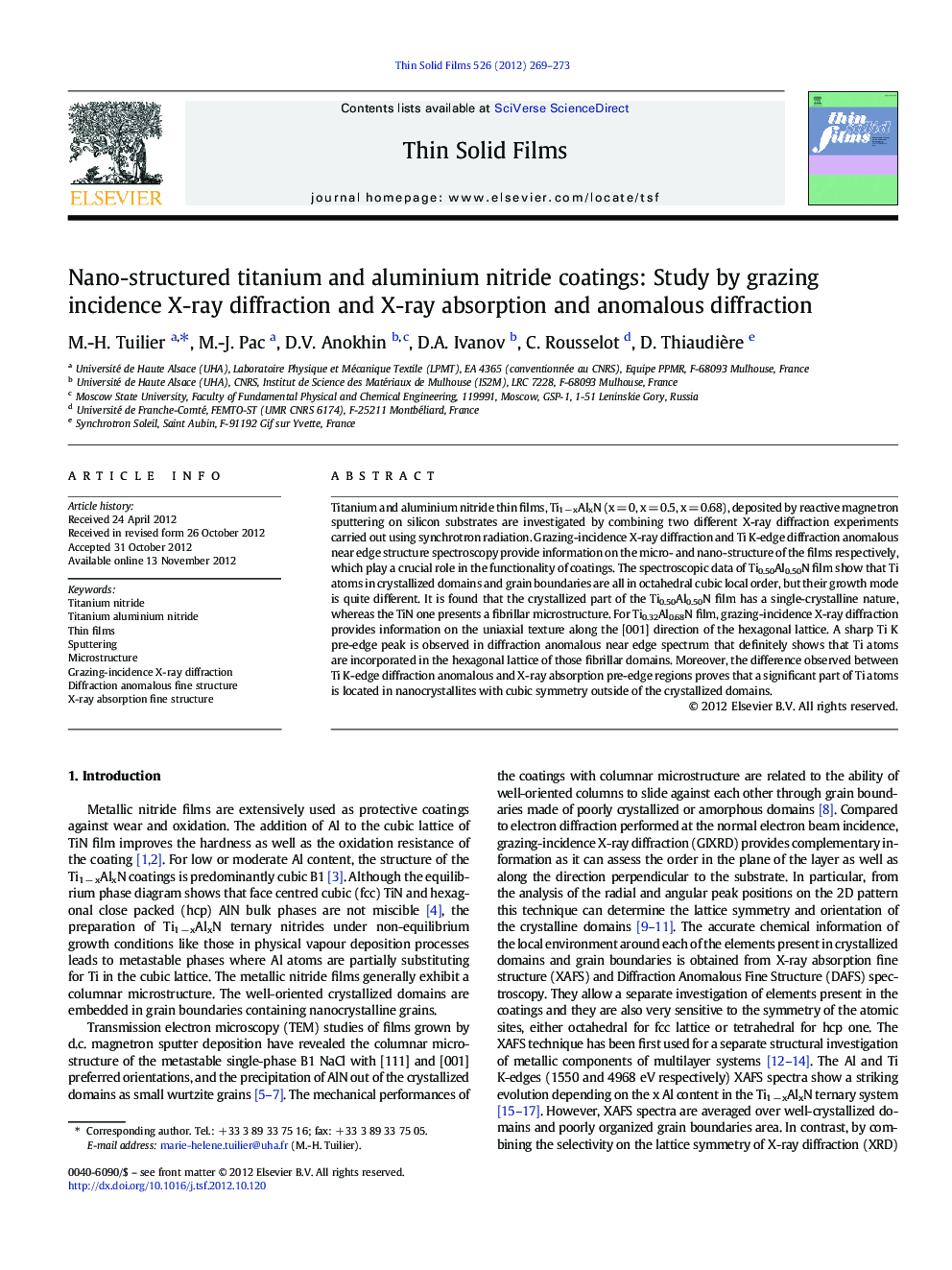 Nano-structured titanium and aluminium nitride coatings: Study by grazing incidence X-ray diffraction and X-ray absorption and anomalous diffraction