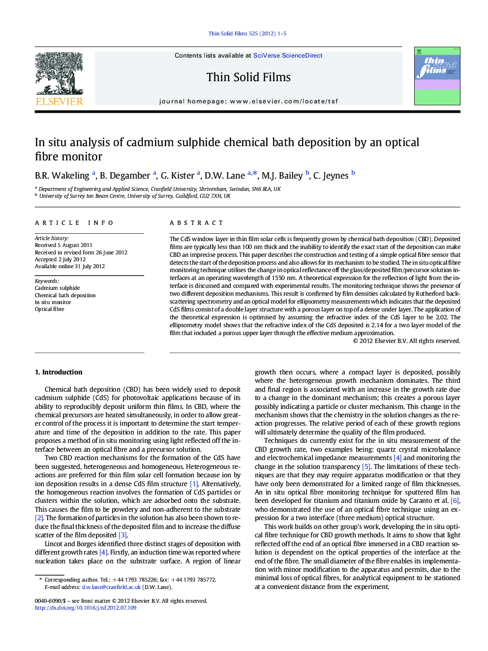 In situ analysis of cadmium sulphide chemical bath deposition by an optical fibre monitor