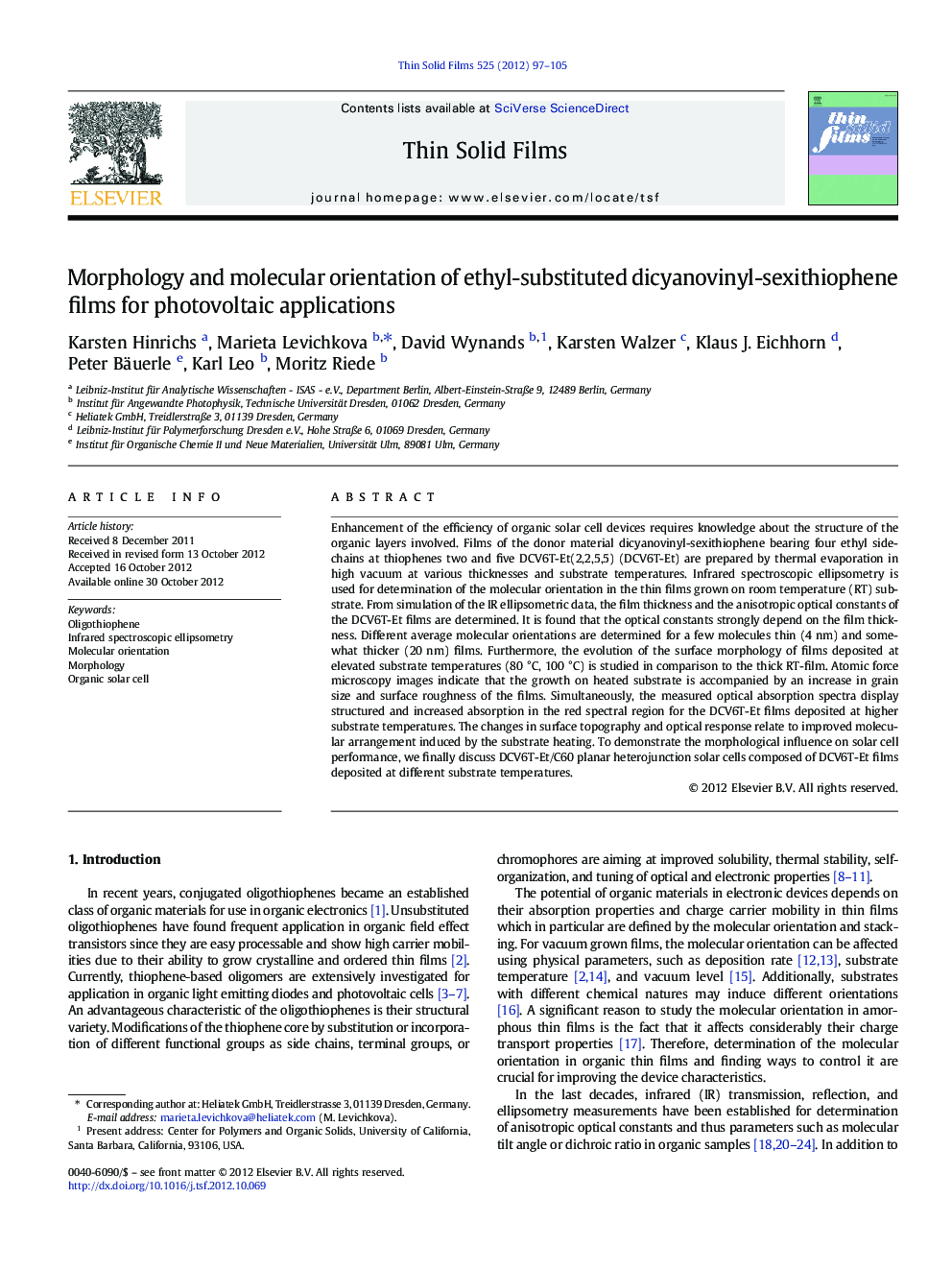 Morphology and molecular orientation of ethyl-substituted dicyanovinyl-sexithiophene films for photovoltaic applications