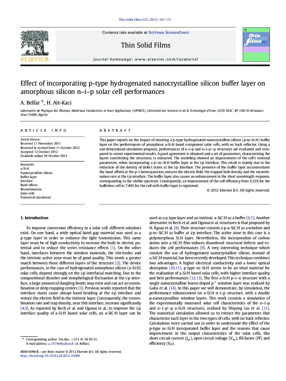 Effect of incorporating p-type hydrogenated nanocrystalline silicon buffer layer on amorphous silicon n–i–p solar cell performances