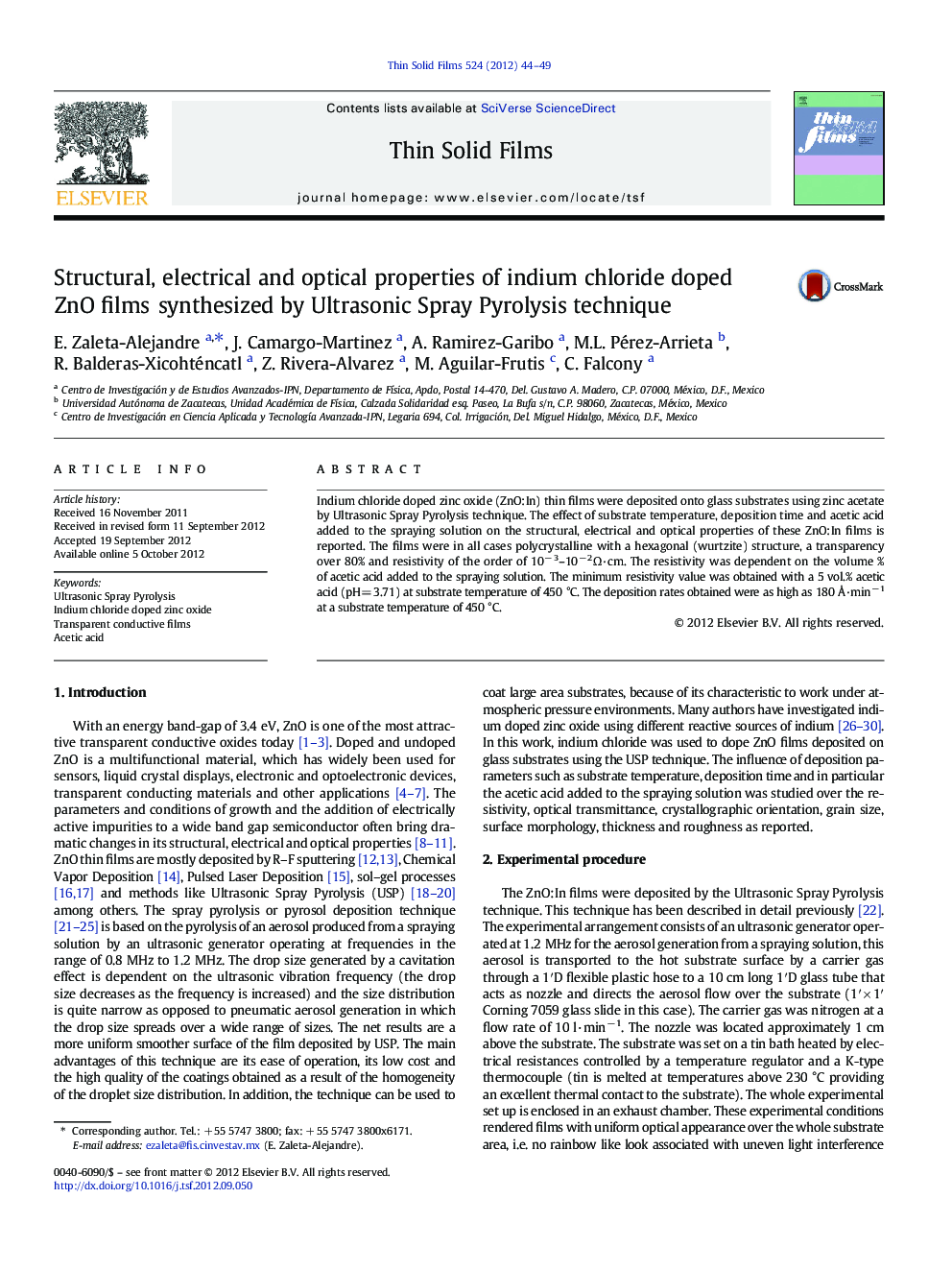 Structural, electrical and optical properties of indium chloride doped ZnO films synthesized by Ultrasonic Spray Pyrolysis technique