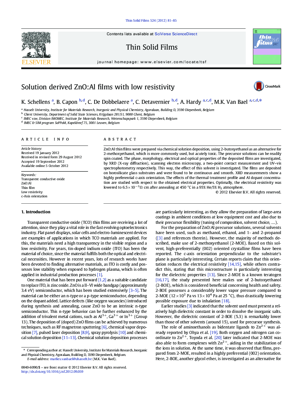 Solution derived ZnO:Al films with low resistivity