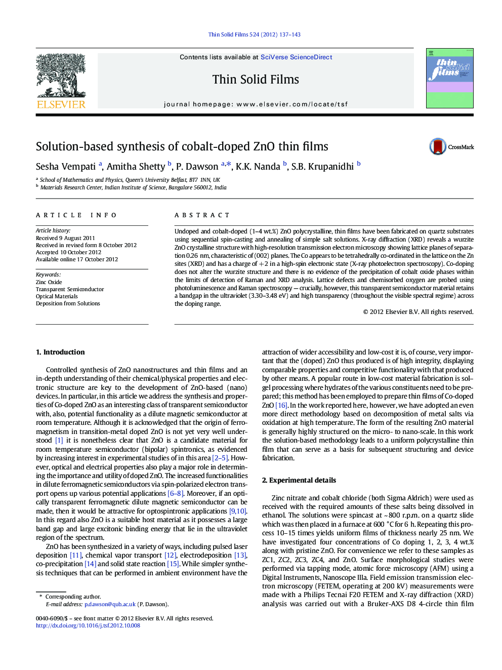 Solution-based synthesis of cobalt-doped ZnO thin films