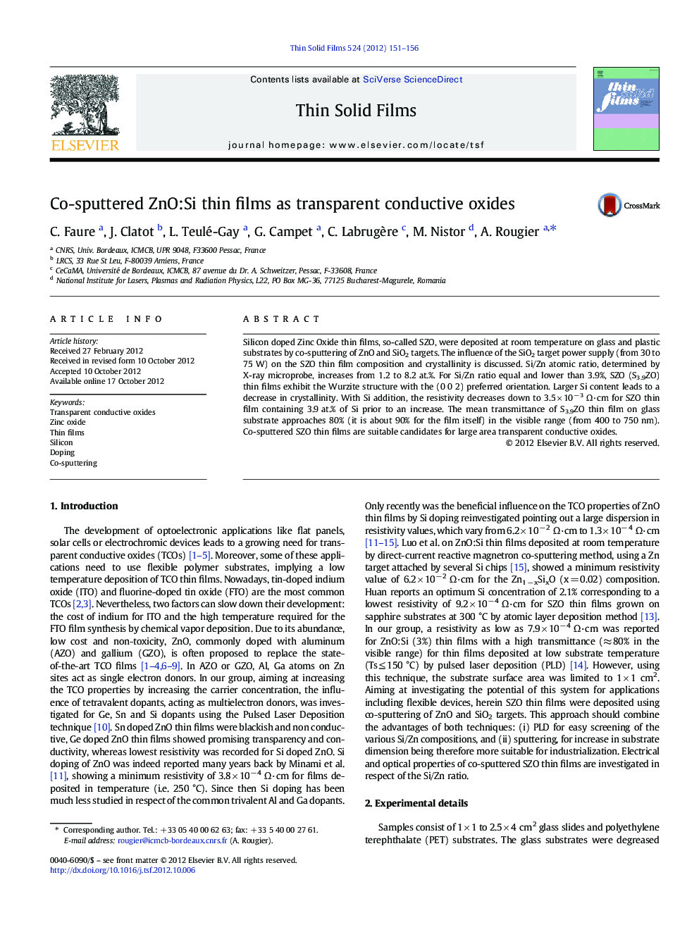 Co-sputtered ZnO:Si thin films as transparent conductive oxides