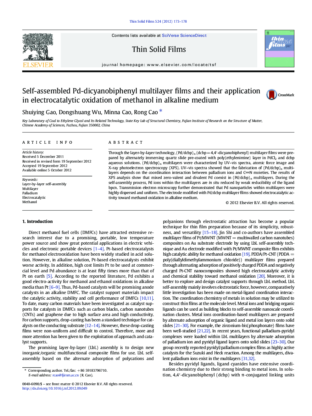 Self-assembled Pd-dicyanobiphenyl multilayer films and their application in electrocatalytic oxidation of methanol in alkaline medium