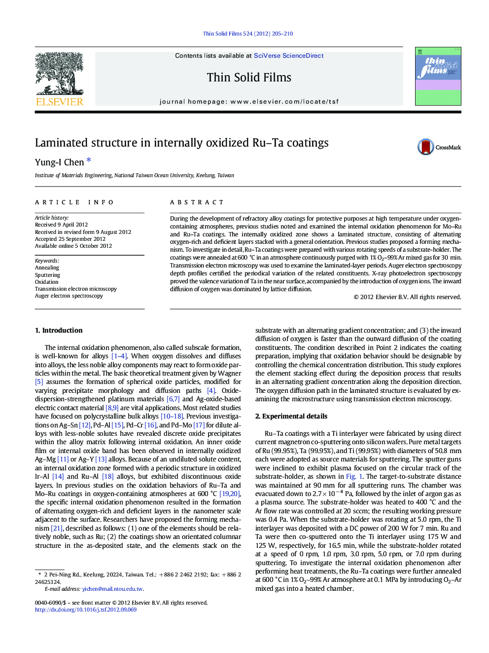 Laminated structure in internally oxidized Ru-Ta coatings