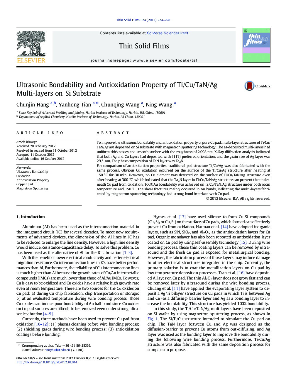 Ultrasonic Bondability and Antioxidation Property of Ti/Cu/TaN/Ag Multi-layers on Si Substrate