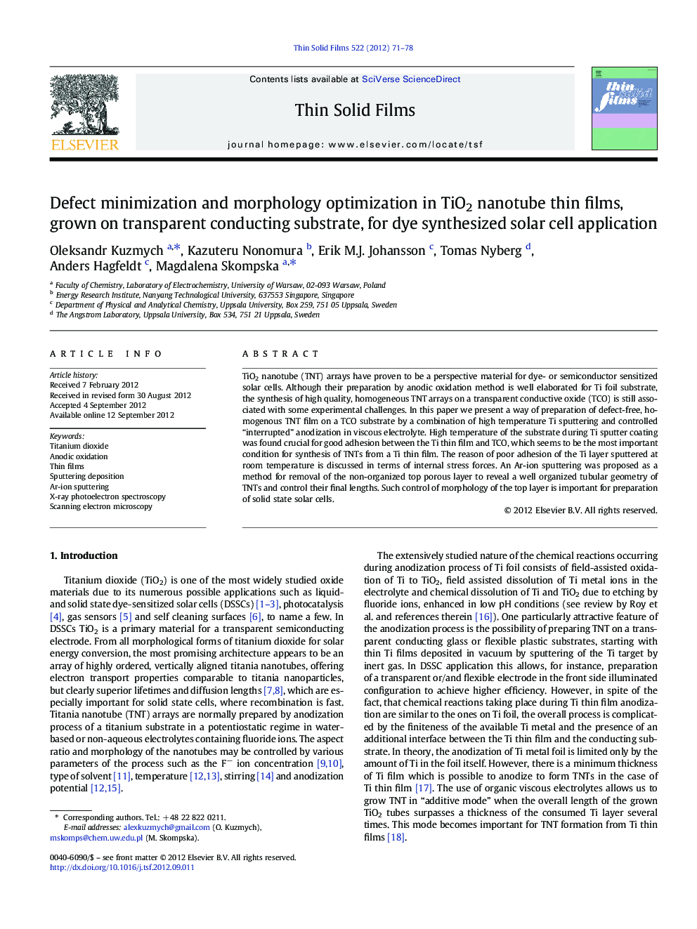 Defect minimization and morphology optimization in TiO2 nanotube thin films, grown on transparent conducting substrate, for dye synthesized solar cell application