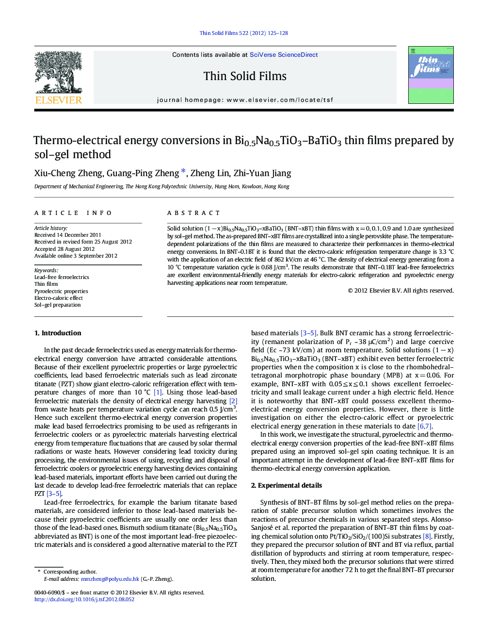 Thermo-electrical energy conversions in Bi0.5Na0.5TiO3–BaTiO3 thin films prepared by sol–gel method