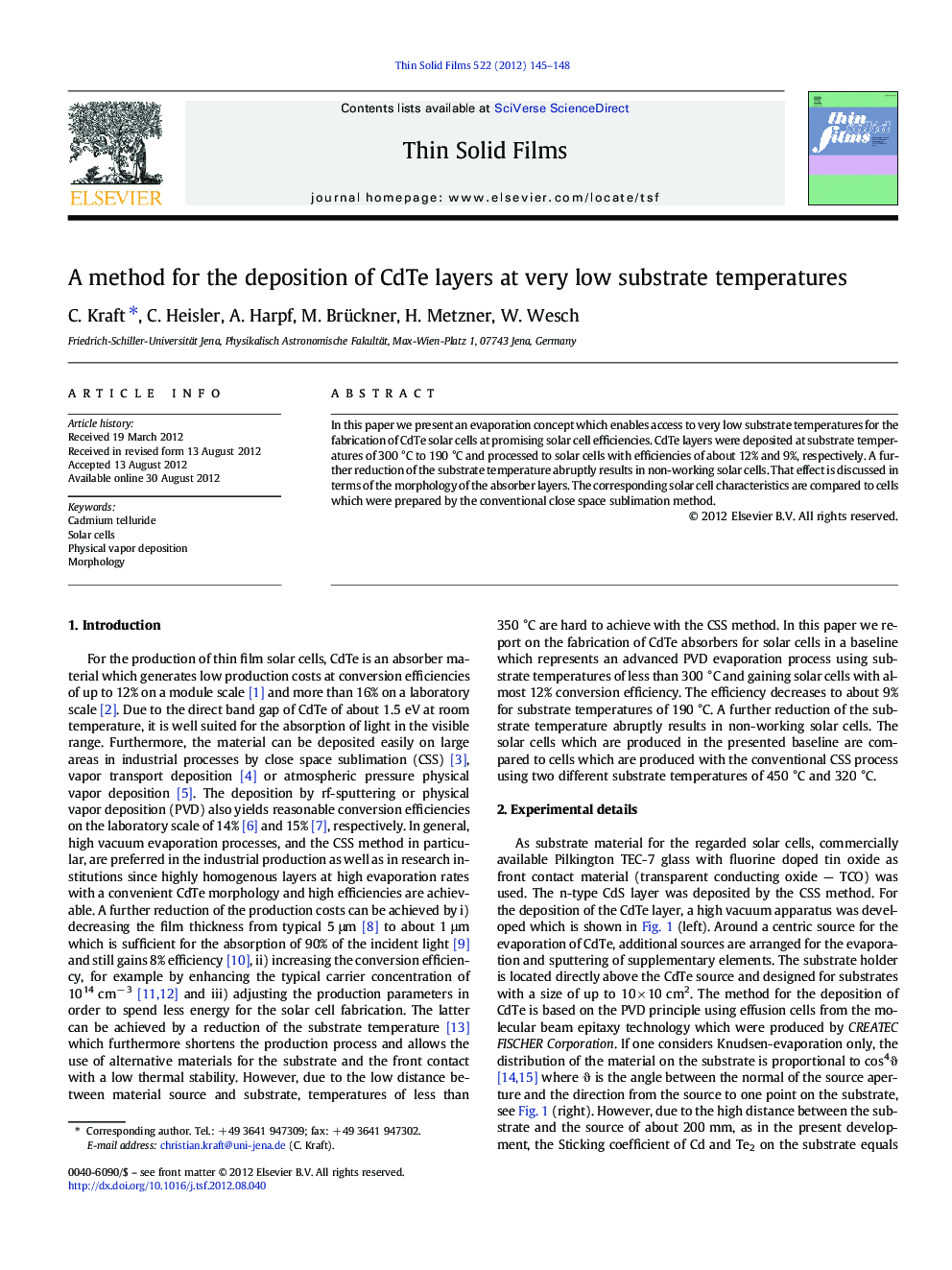 A method for the deposition of CdTe layers at very low substrate temperatures