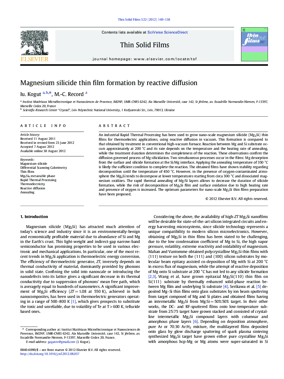 Magnesium silicide thin film formation by reactive diffusion