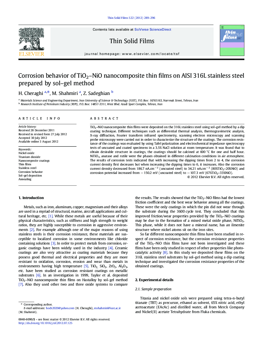 Corrosion behavior of TiO2–NiO nanocomposite thin films on AISI 316L stainless steel prepared by sol–gel method