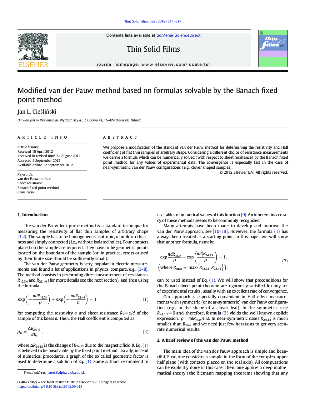 Modified van der Pauw method based on formulas solvable by the Banach fixed point method