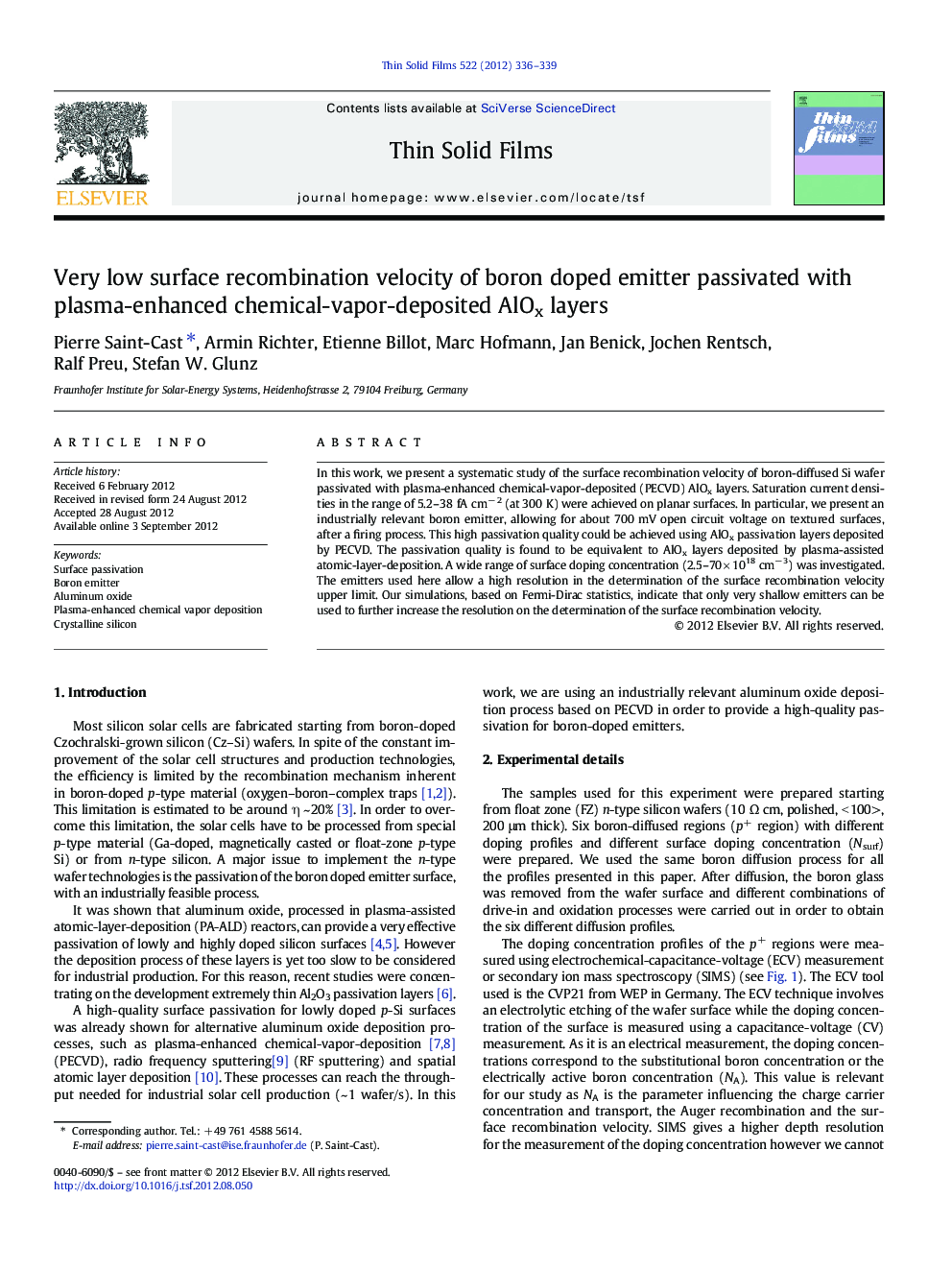 Very low surface recombination velocity of boron doped emitter passivated with plasma-enhanced chemical-vapor-deposited AlOx layers