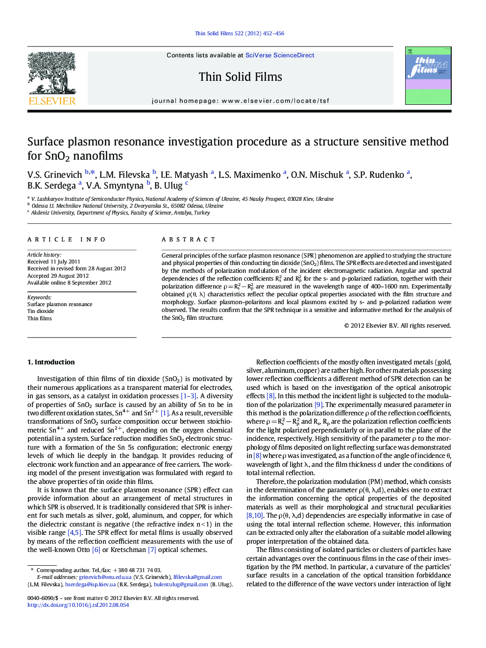 Surface plasmon resonance investigation procedure as a structure sensitive method for SnO2 nanofilms