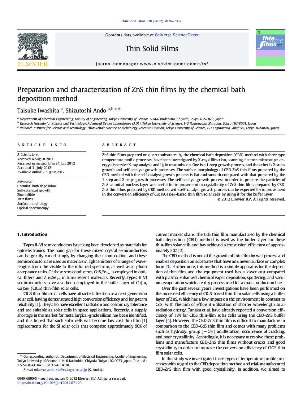 Preparation and characterization of ZnS thin films by the chemical bath deposition method