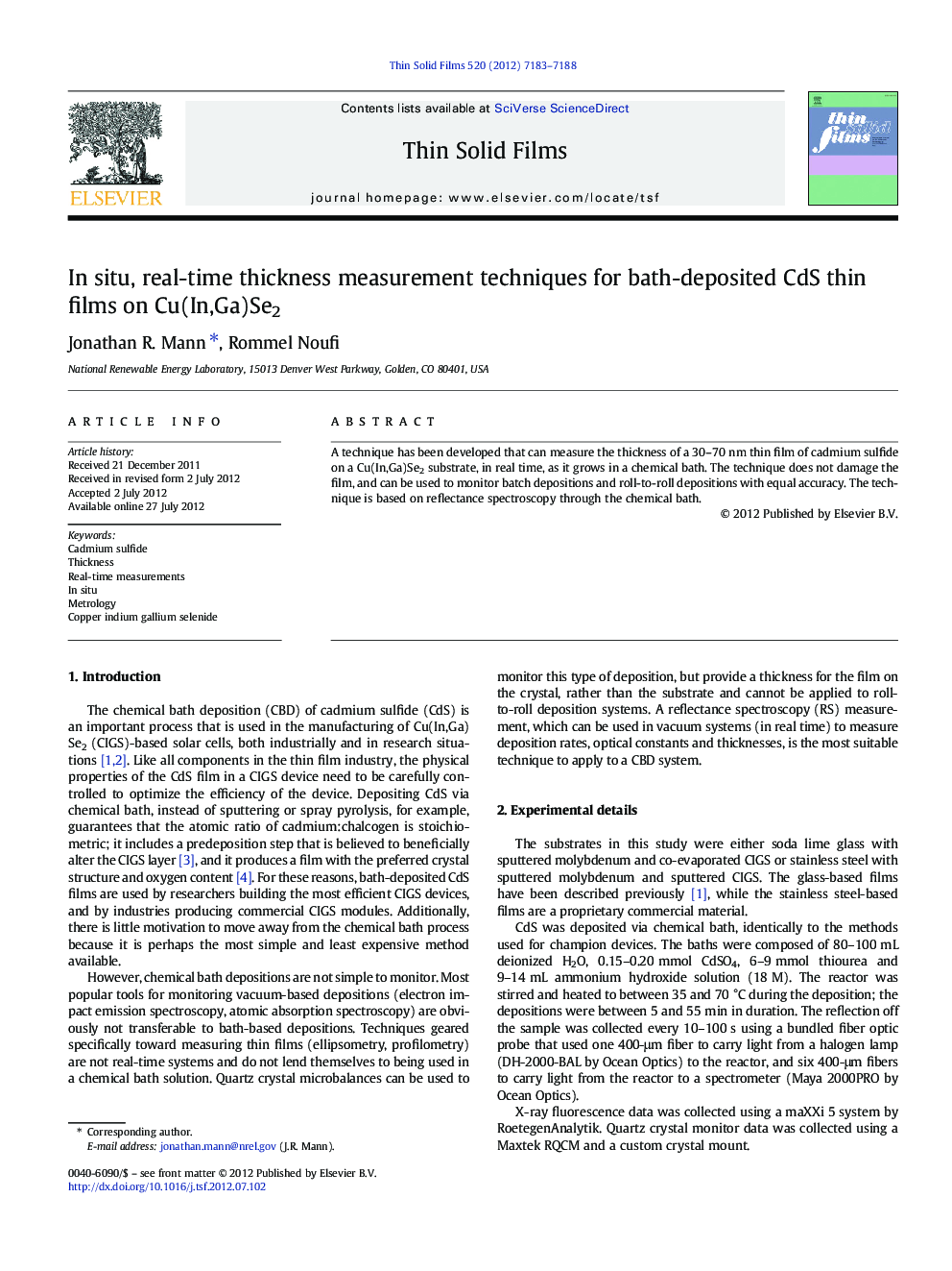 In situ, real-time thickness measurement techniques for bath-deposited CdS thin films on Cu(In,Ga)Se2