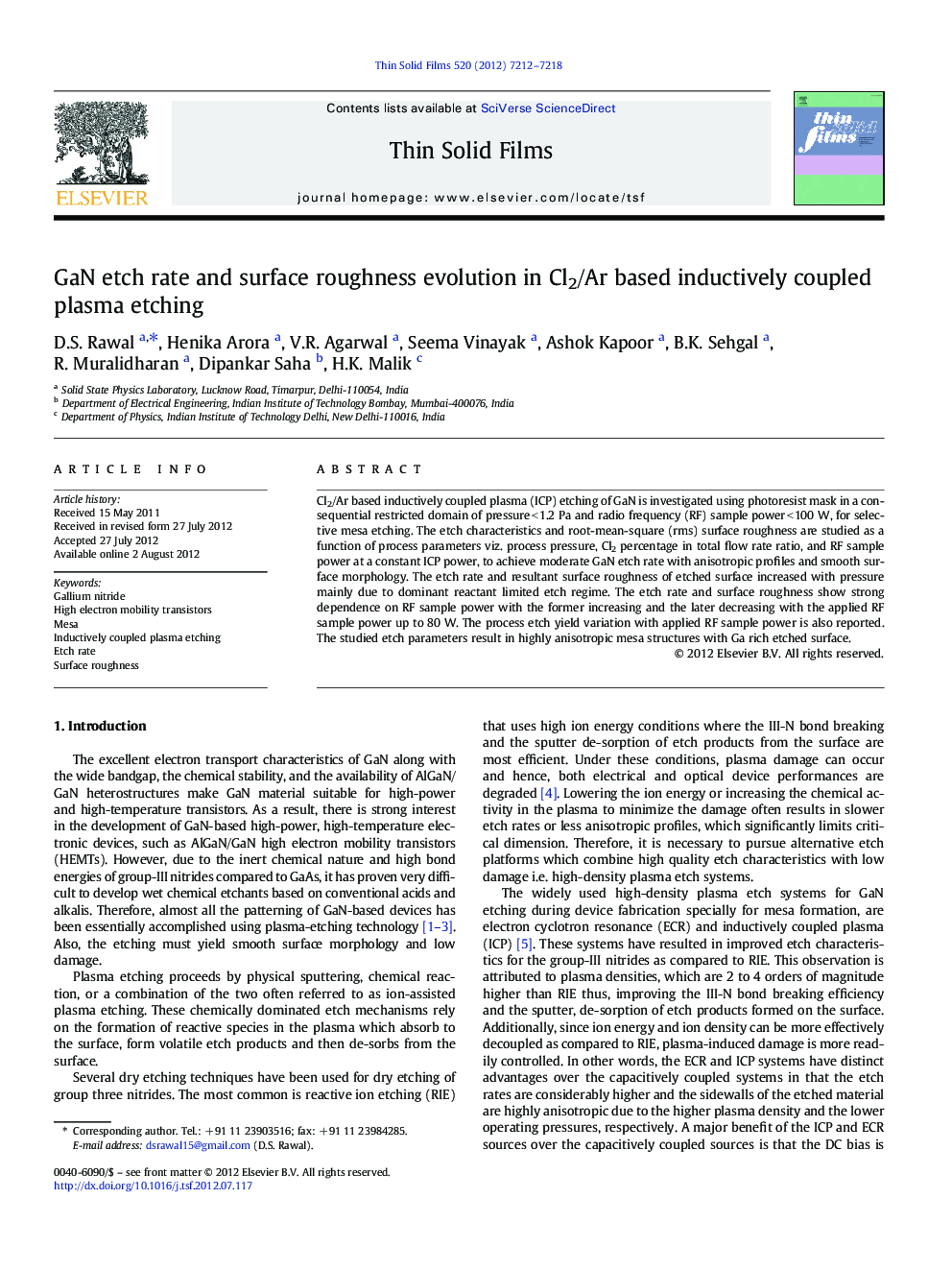 GaN etch rate and surface roughness evolution in Cl2/Ar based inductively coupled plasma etching