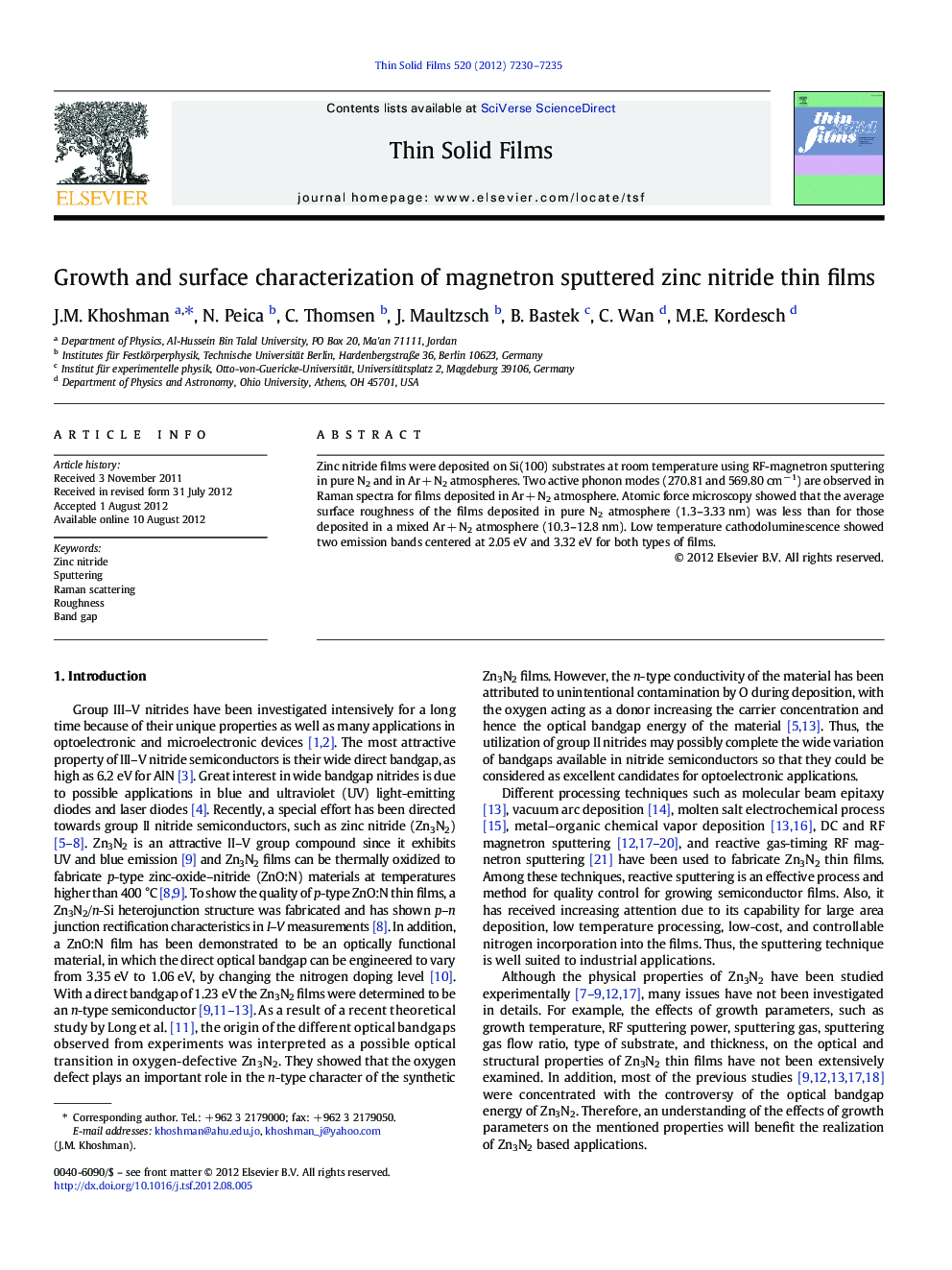 Growth and surface characterization of magnetron sputtered zinc nitride thin films