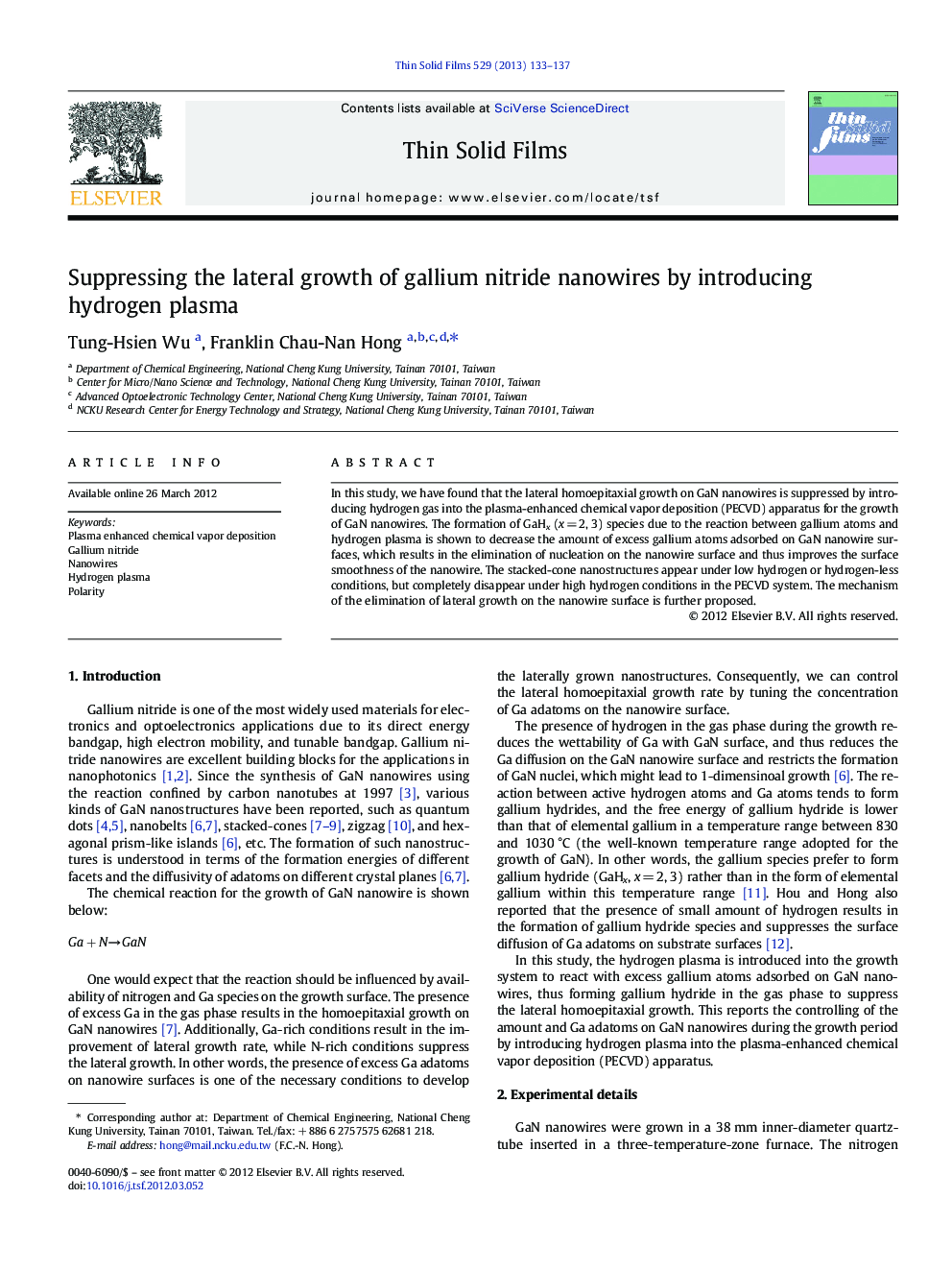 Suppressing the lateral growth of gallium nitride nanowires by introducing hydrogen plasma