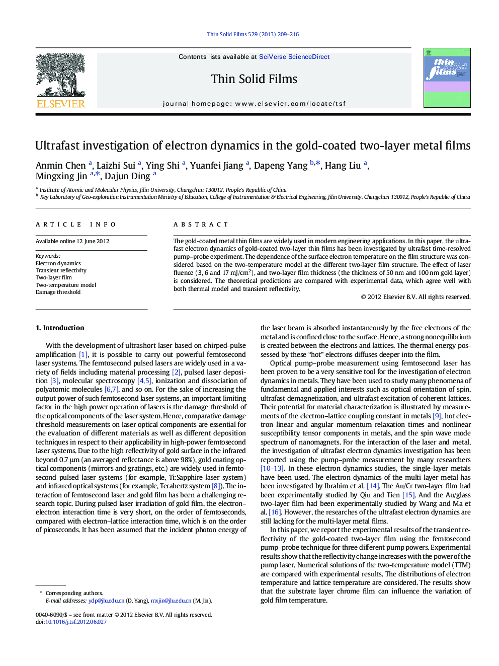 Ultrafast investigation of electron dynamics in the gold-coated two-layer metal films