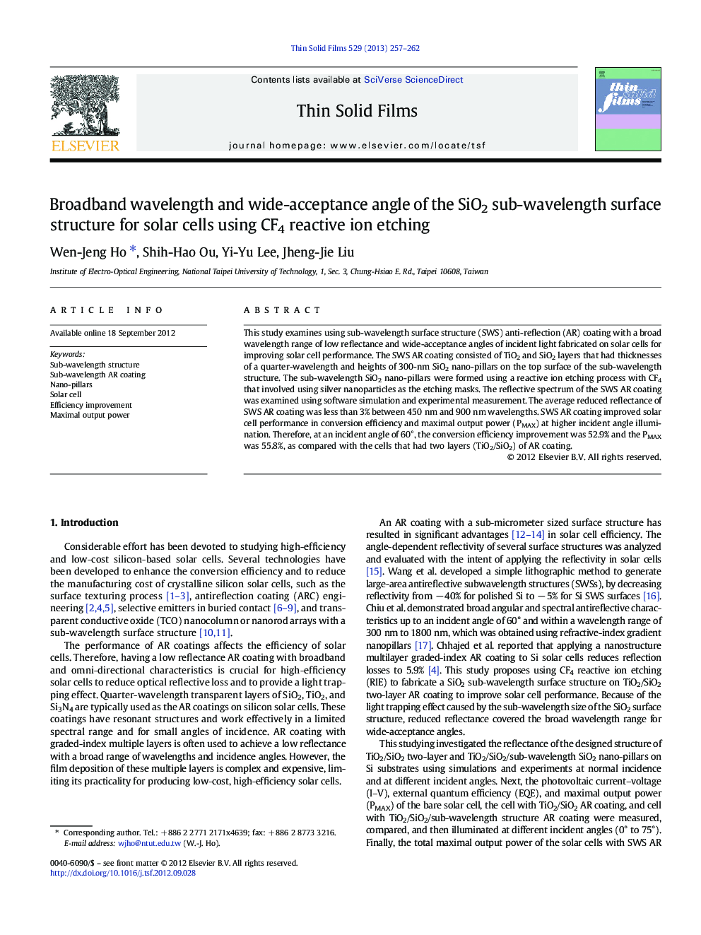 Broadband wavelength and wide-acceptance angle of the SiO2 sub-wavelength surface structure for solar cells using CF4 reactive ion etching