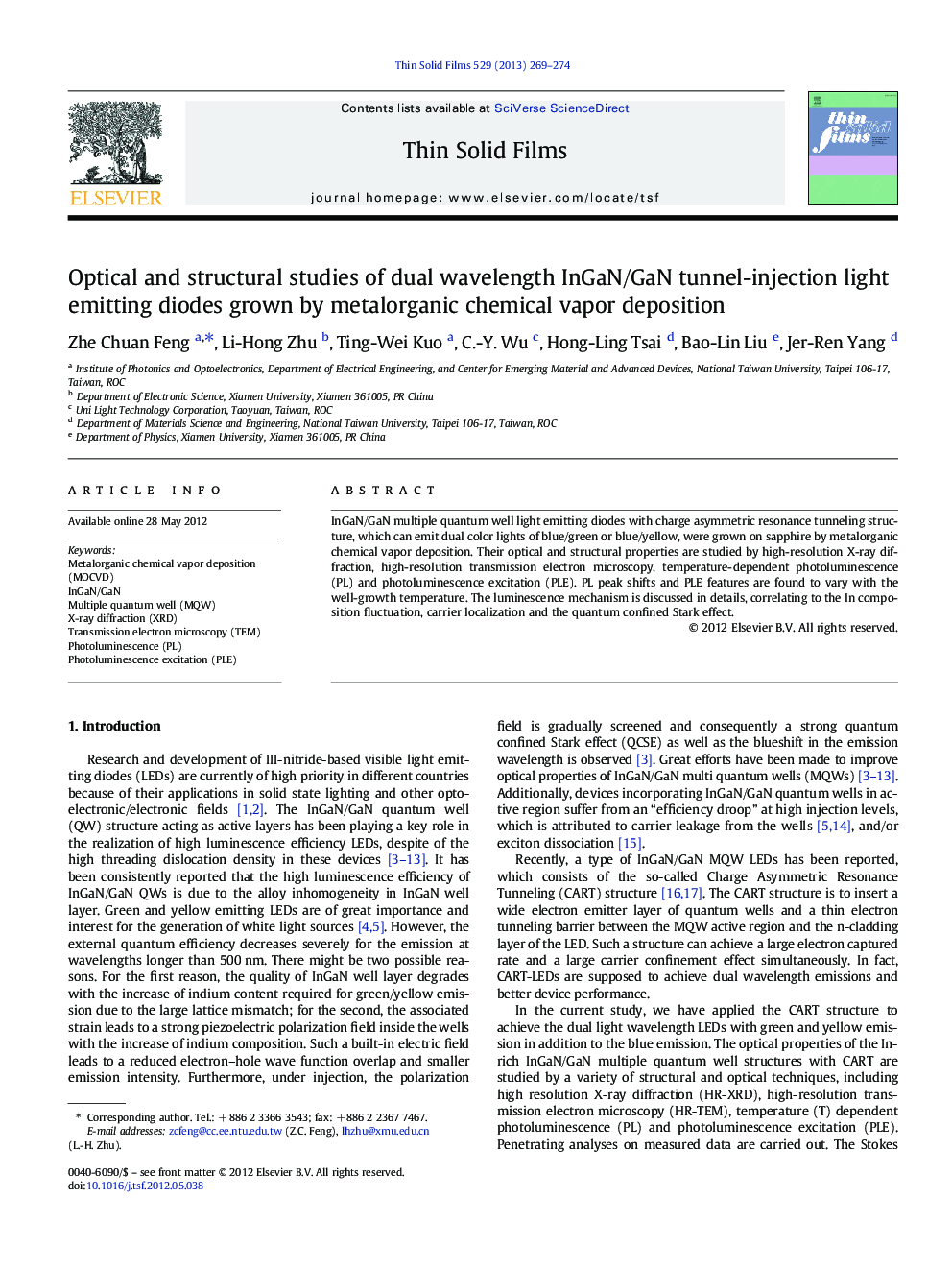 Optical and structural studies of dual wavelength InGaN/GaN tunnel-injection light emitting diodes grown by metalorganic chemical vapor deposition