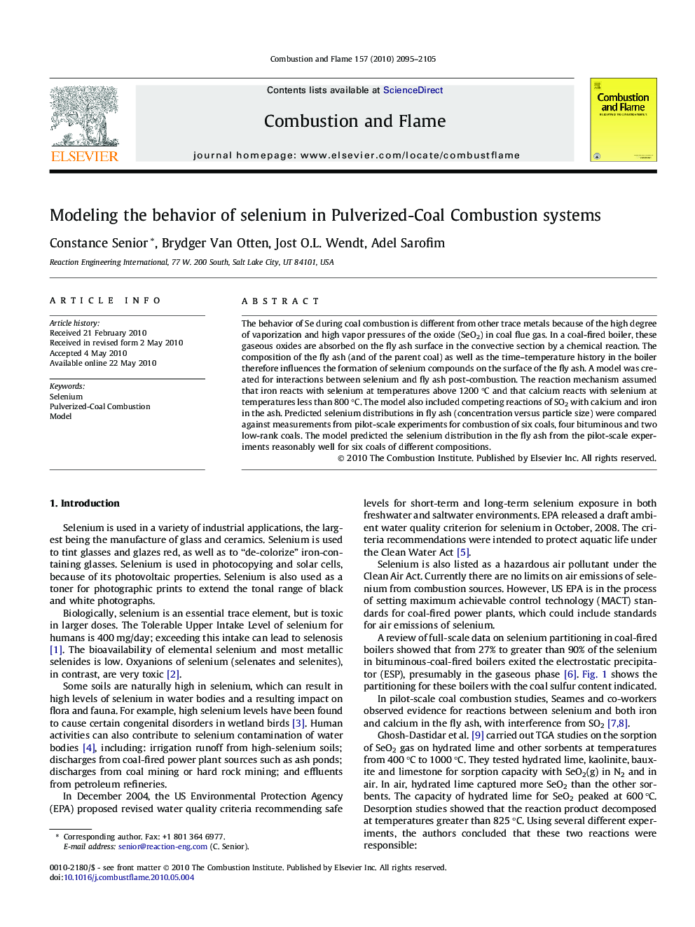 Modeling the behavior of selenium in Pulverized-Coal Combustion systems