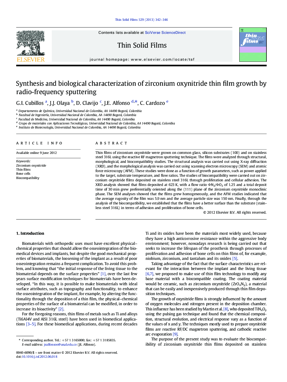 Synthesis and biological characterization of zirconium oxynitride thin film growth by radio-frequency sputtering