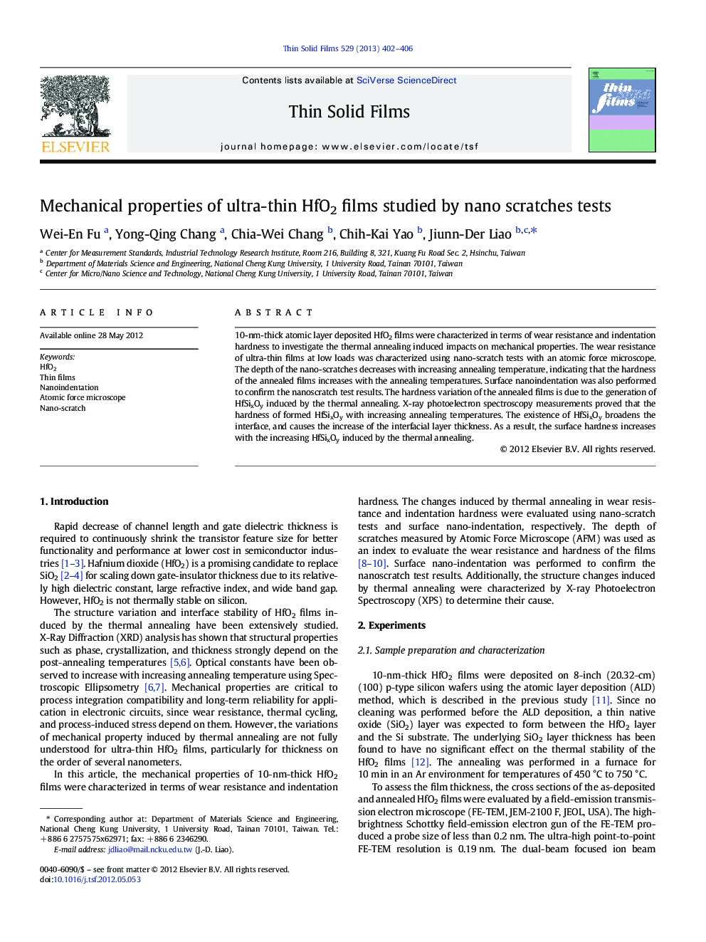 Mechanical properties of ultra-thin HfO2 films studied by nano scratches tests