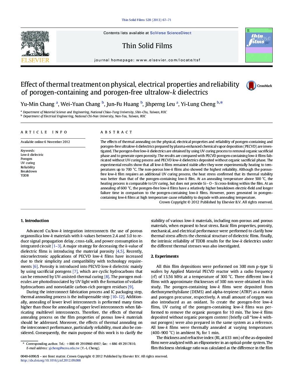 Effect of thermal treatment on physical, electrical properties and reliability of porogen-containing and porogen-free ultralow-k dielectrics