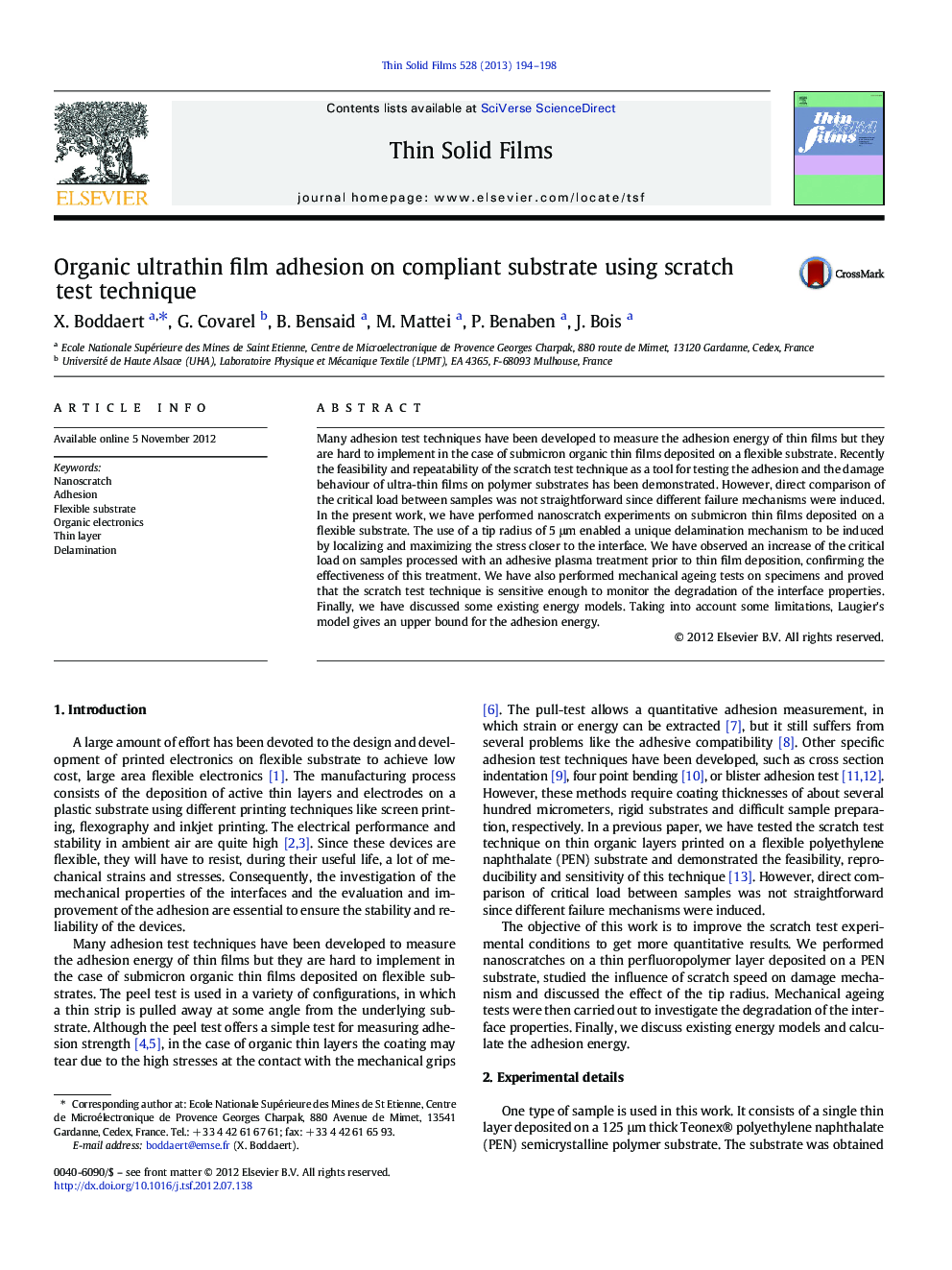 Organic ultrathin film adhesion on compliant substrate using scratch test technique