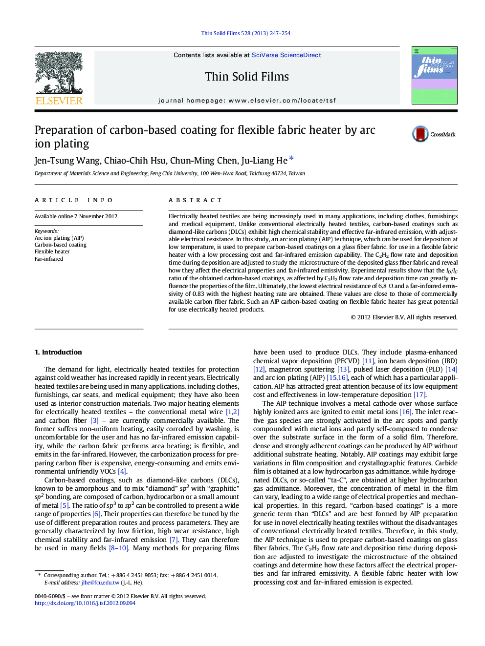 Preparation of carbon-based coating for flexible fabric heater by arc ion plating