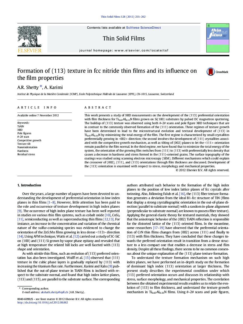 Formation of (113) texture in fcc nitride thin films and its influence on the film properties