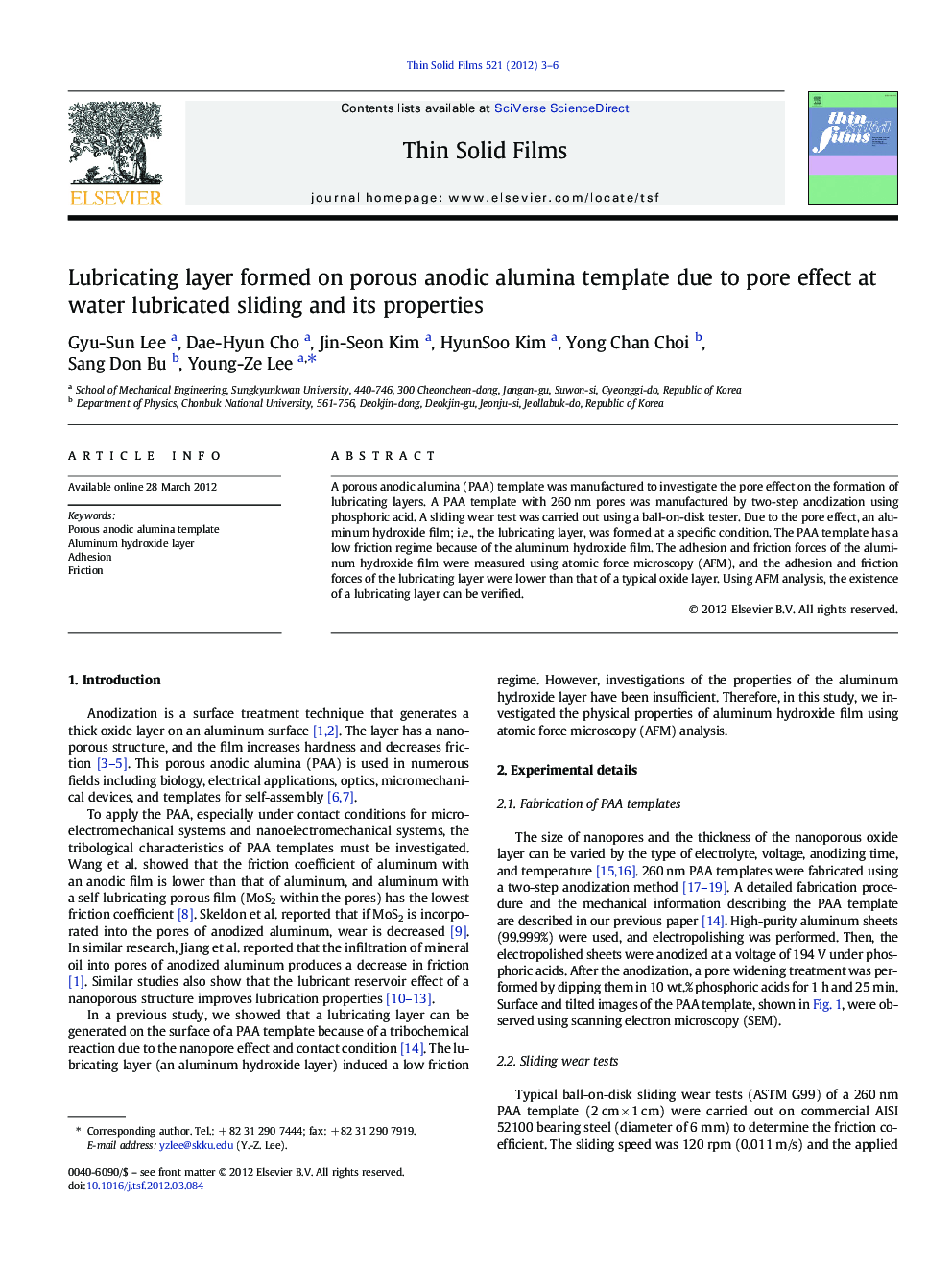 Lubricating layer formed on porous anodic alumina template due to pore effect at water lubricated sliding and its properties
