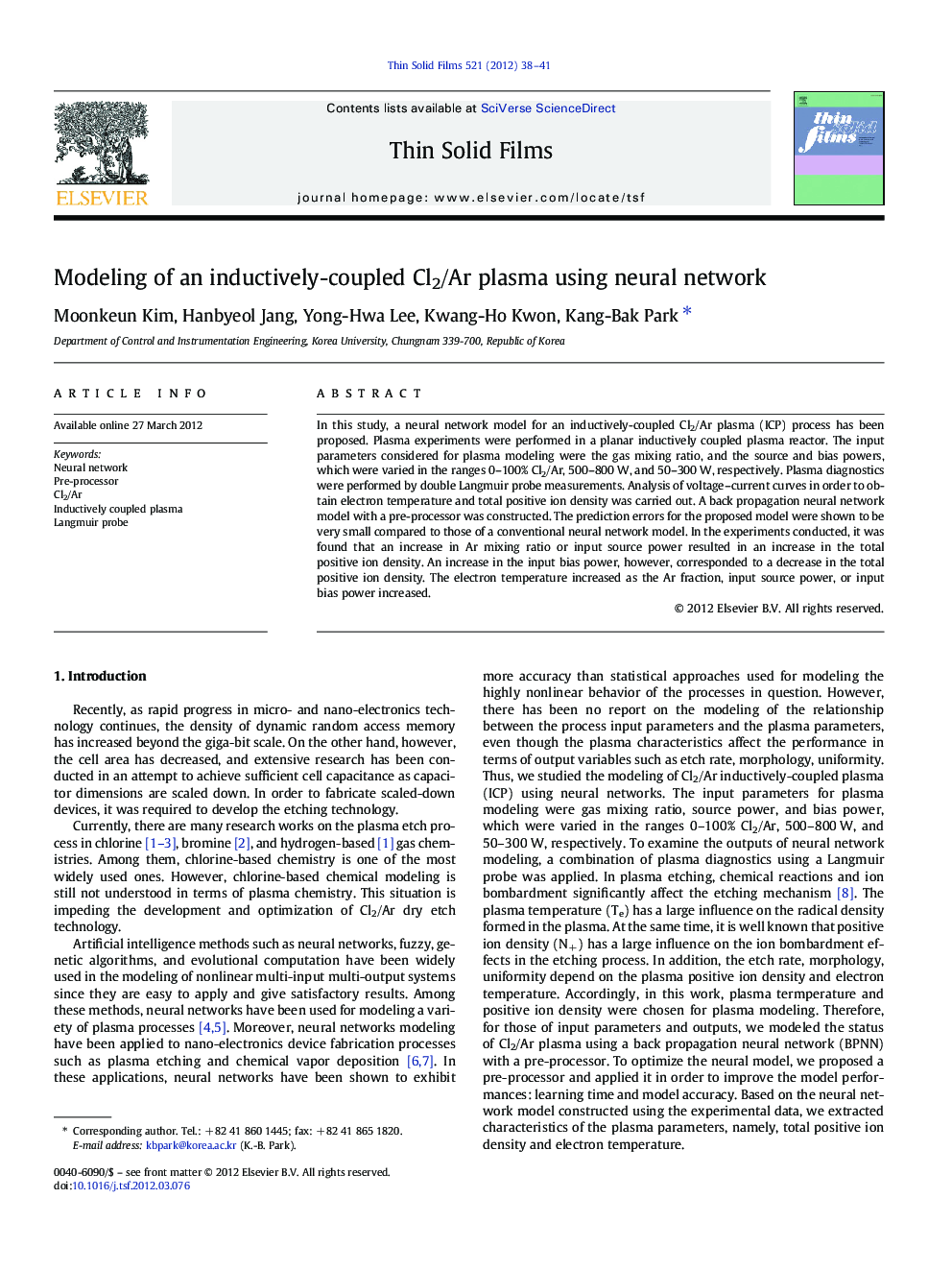 Modeling of an inductively-coupled Cl2/Ar plasma using neural network