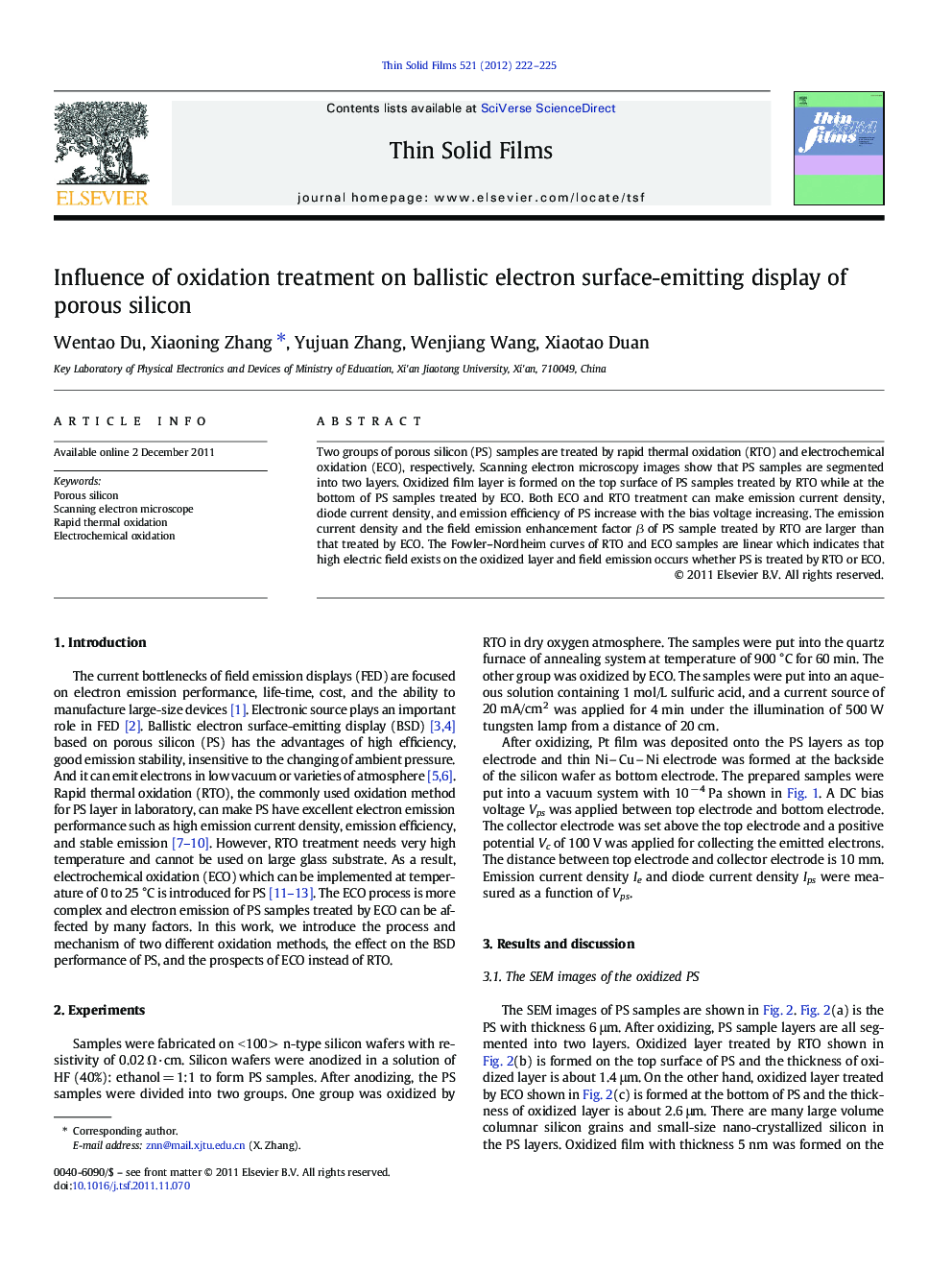 Influence of oxidation treatment on ballistic electron surface-emitting display of porous silicon