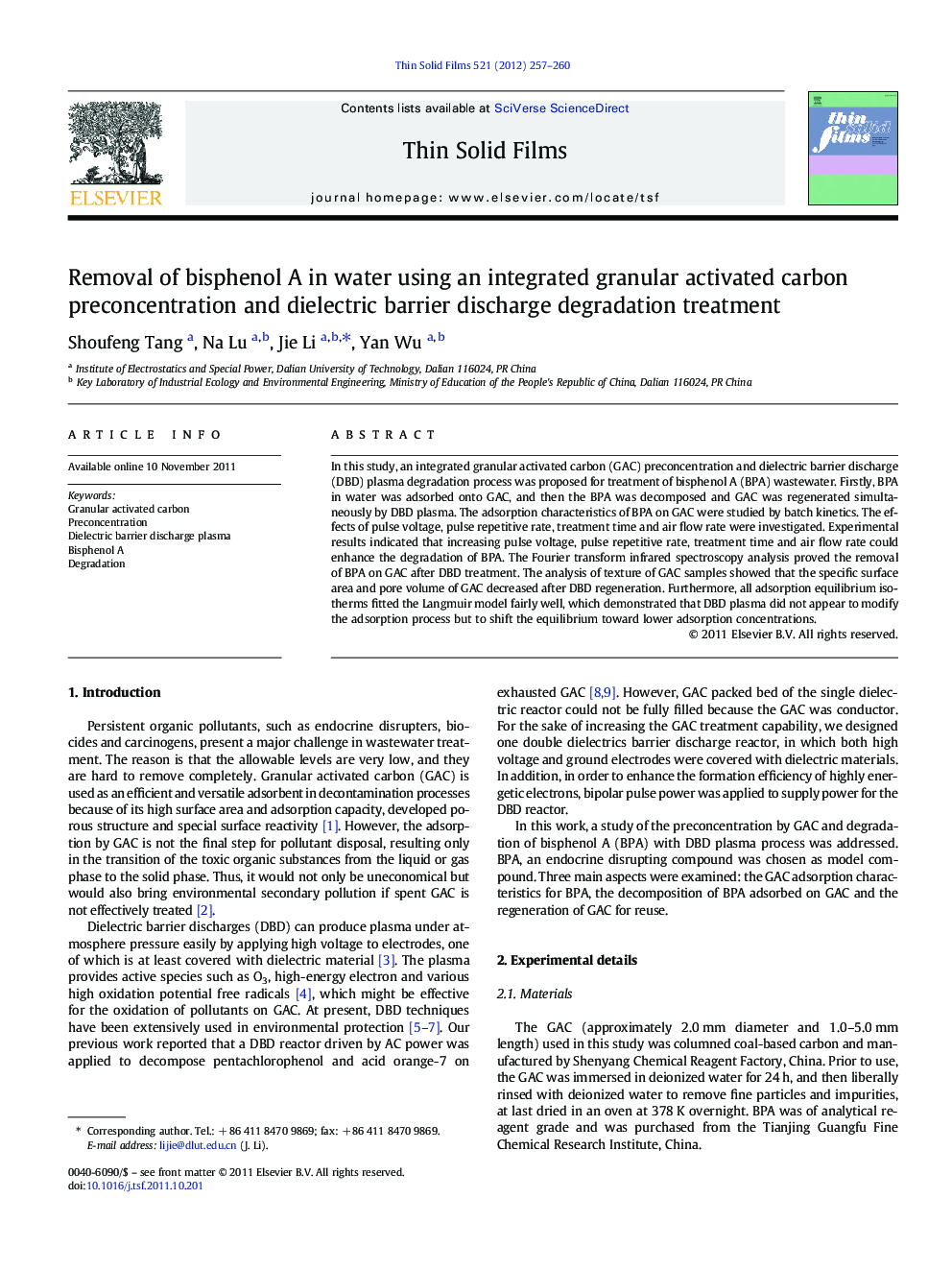 Removal of bisphenol A in water using an integrated granular activated carbon preconcentration and dielectric barrier discharge degradation treatment