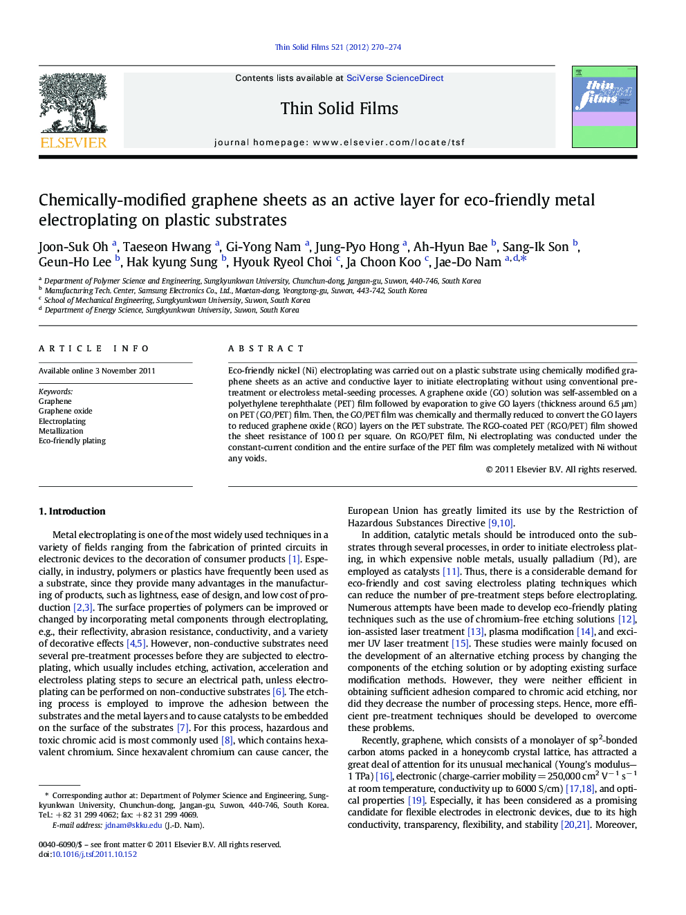 Chemically-modified graphene sheets as an active layer for eco-friendly metal electroplating on plastic substrates