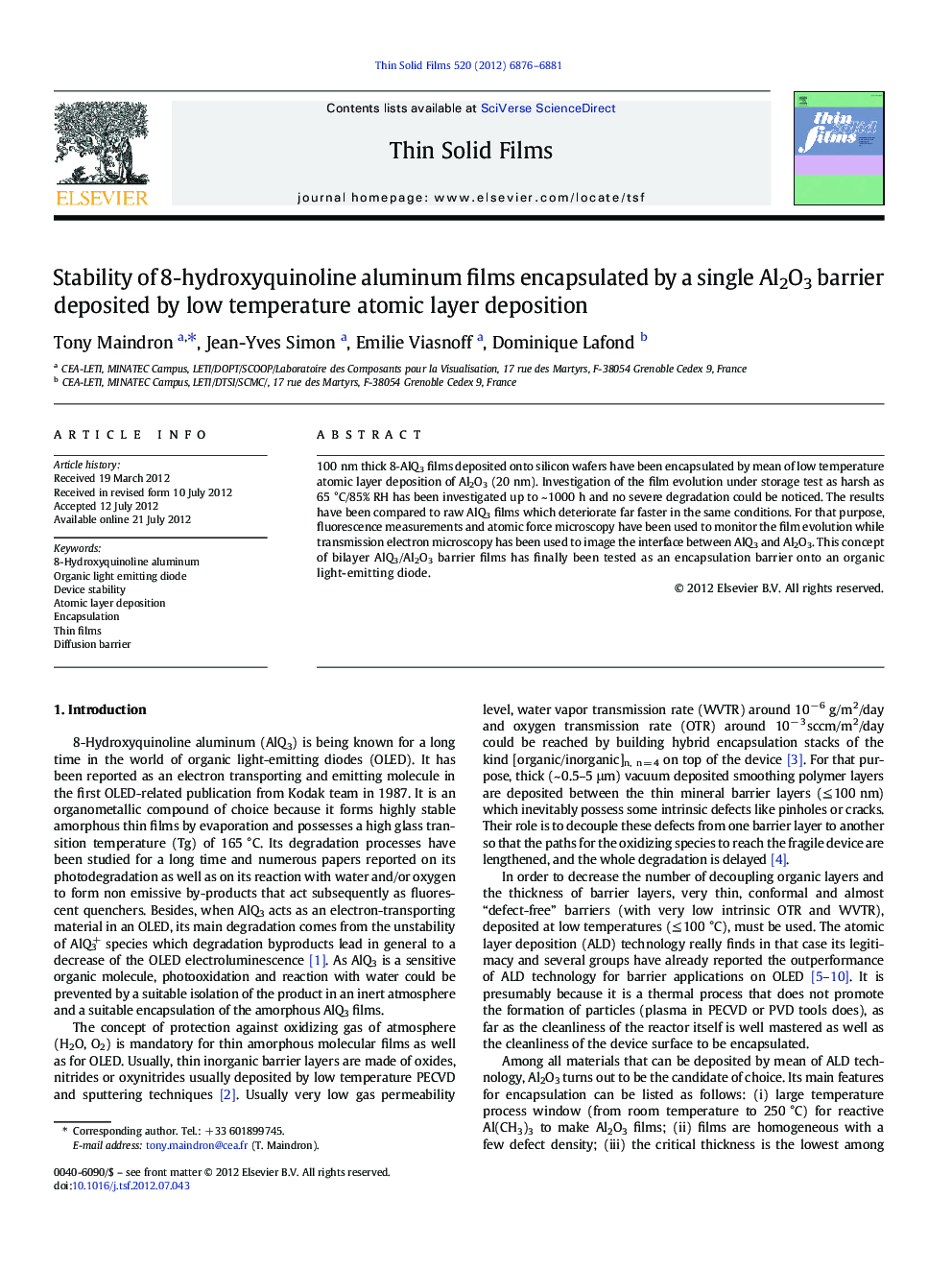 Stability of 8-hydroxyquinoline aluminum films encapsulated by a single Al2O3 barrier deposited by low temperature atomic layer deposition