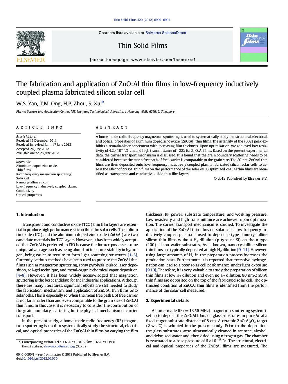 The fabrication and application of ZnO:Al thin films in low-frequency inductively coupled plasma fabricated silicon solar cell