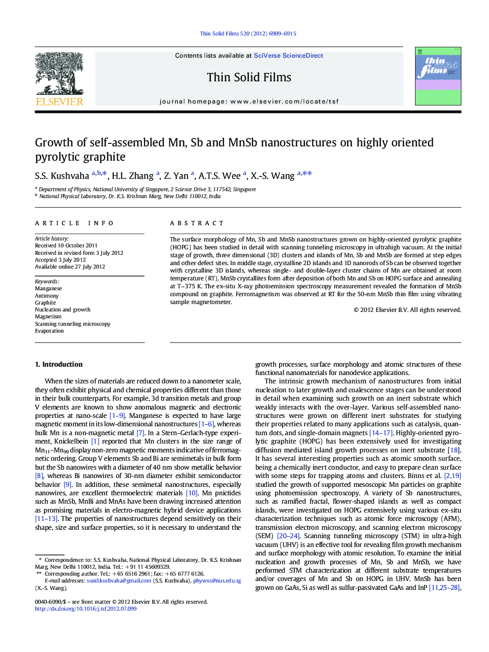 Growth of self-assembled Mn, Sb and MnSb nanostructures on highly oriented pyrolytic graphite