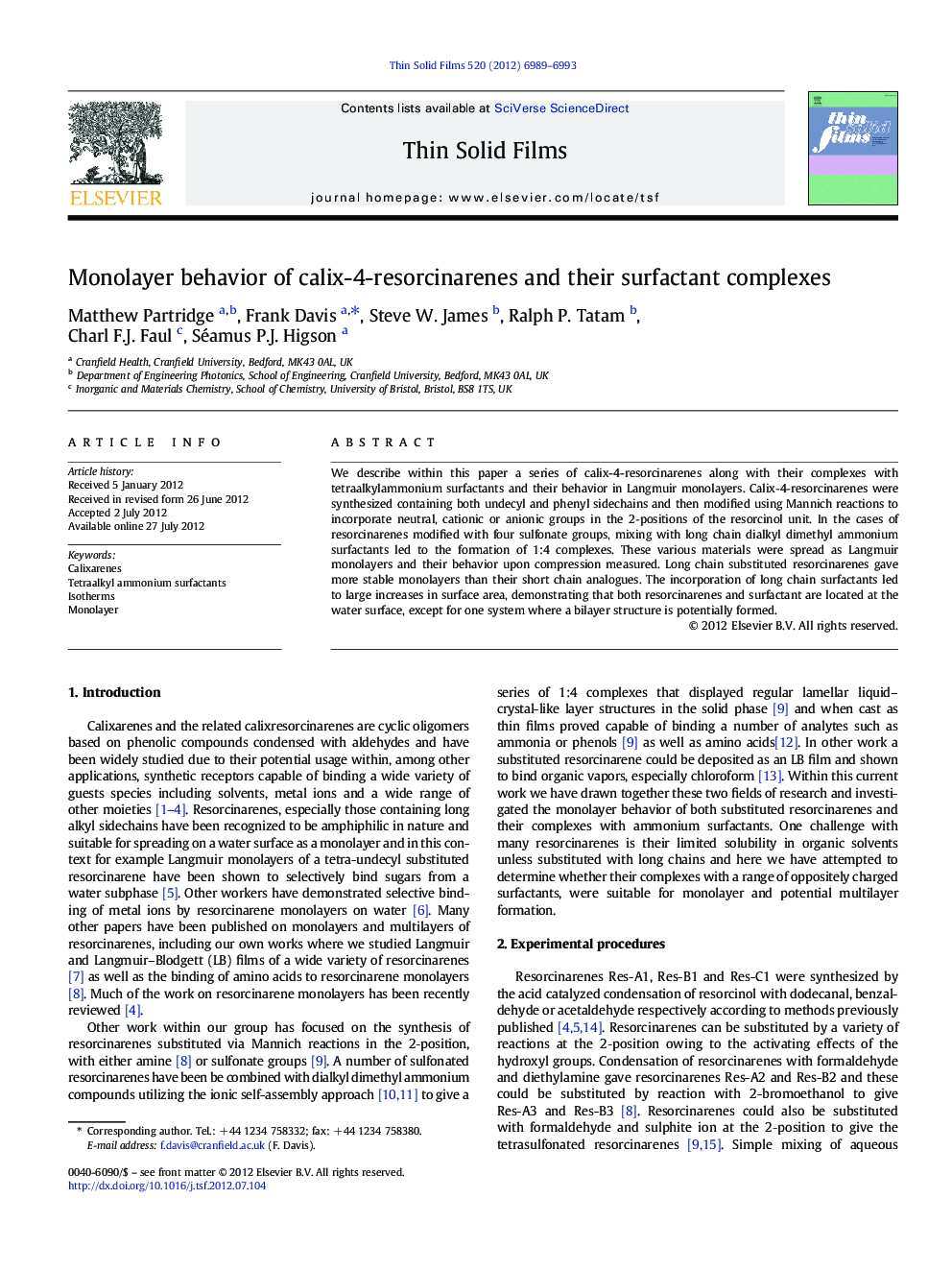 Monolayer behavior of calix-4-resorcinarenes and their surfactant complexes