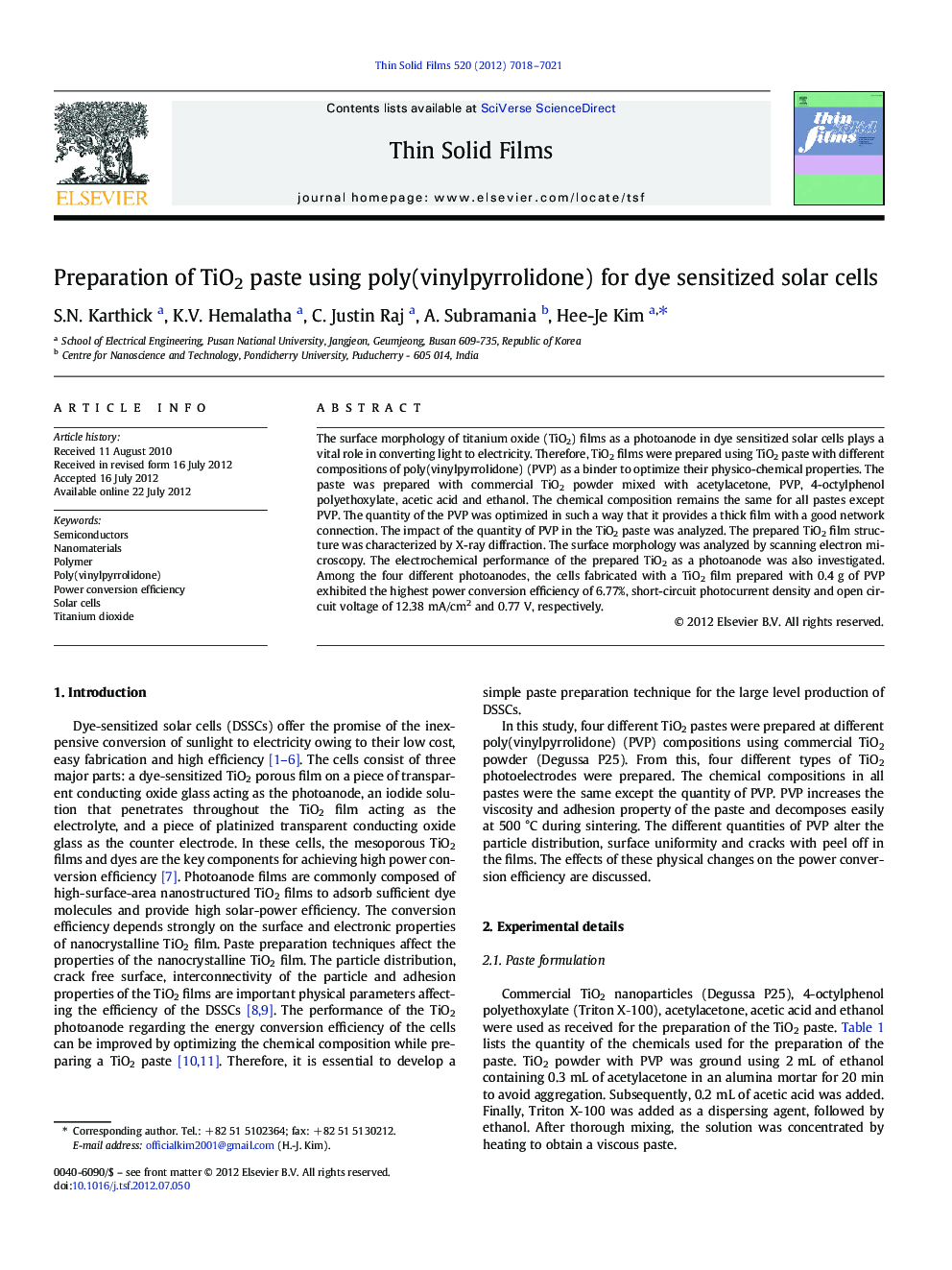 Preparation of TiO2 paste using poly(vinylpyrrolidone) for dye sensitized solar cells